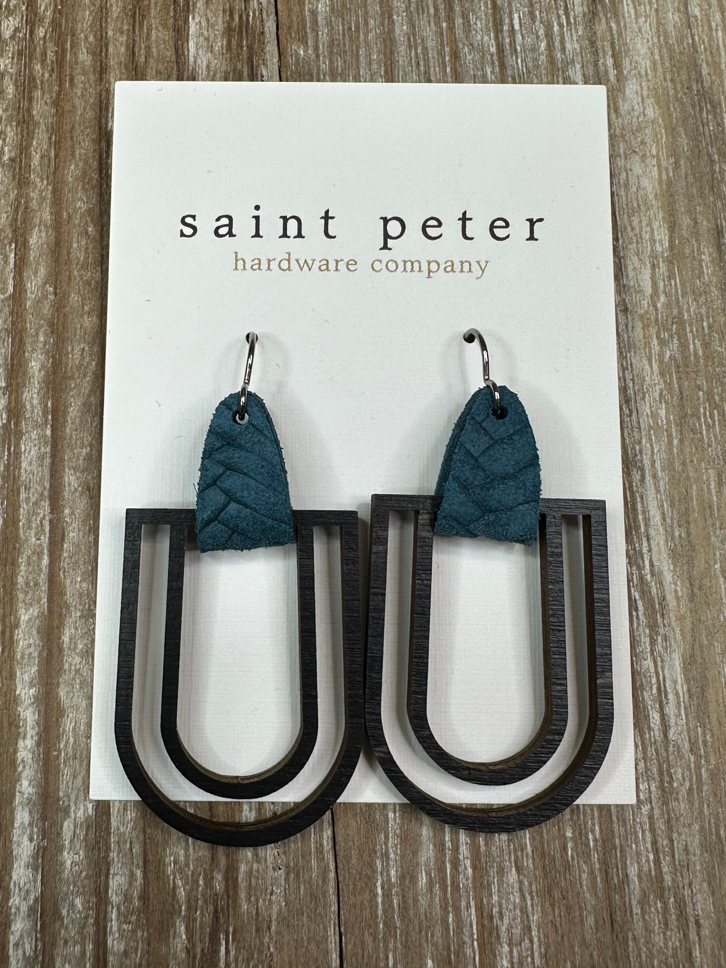 Dark Wood Drop Earrings w/ Teal Leather Jewelry - Earrings St. Peter Hardware