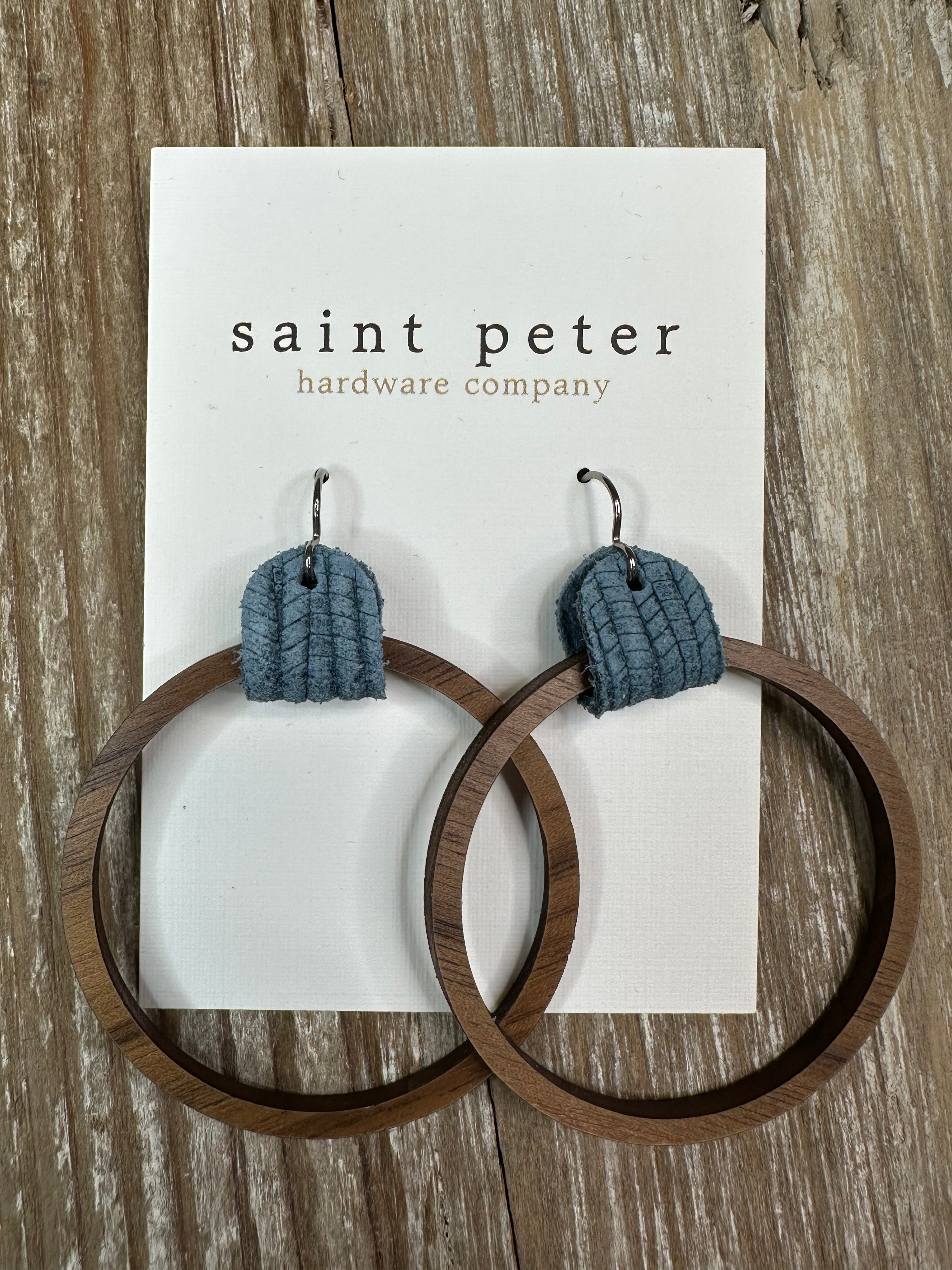 Large Circle Earrings w/ Blue Leather Jewelry - Earrings St. Peter Hardware