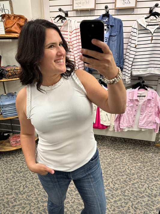 White Ribbed Ruffle Tank