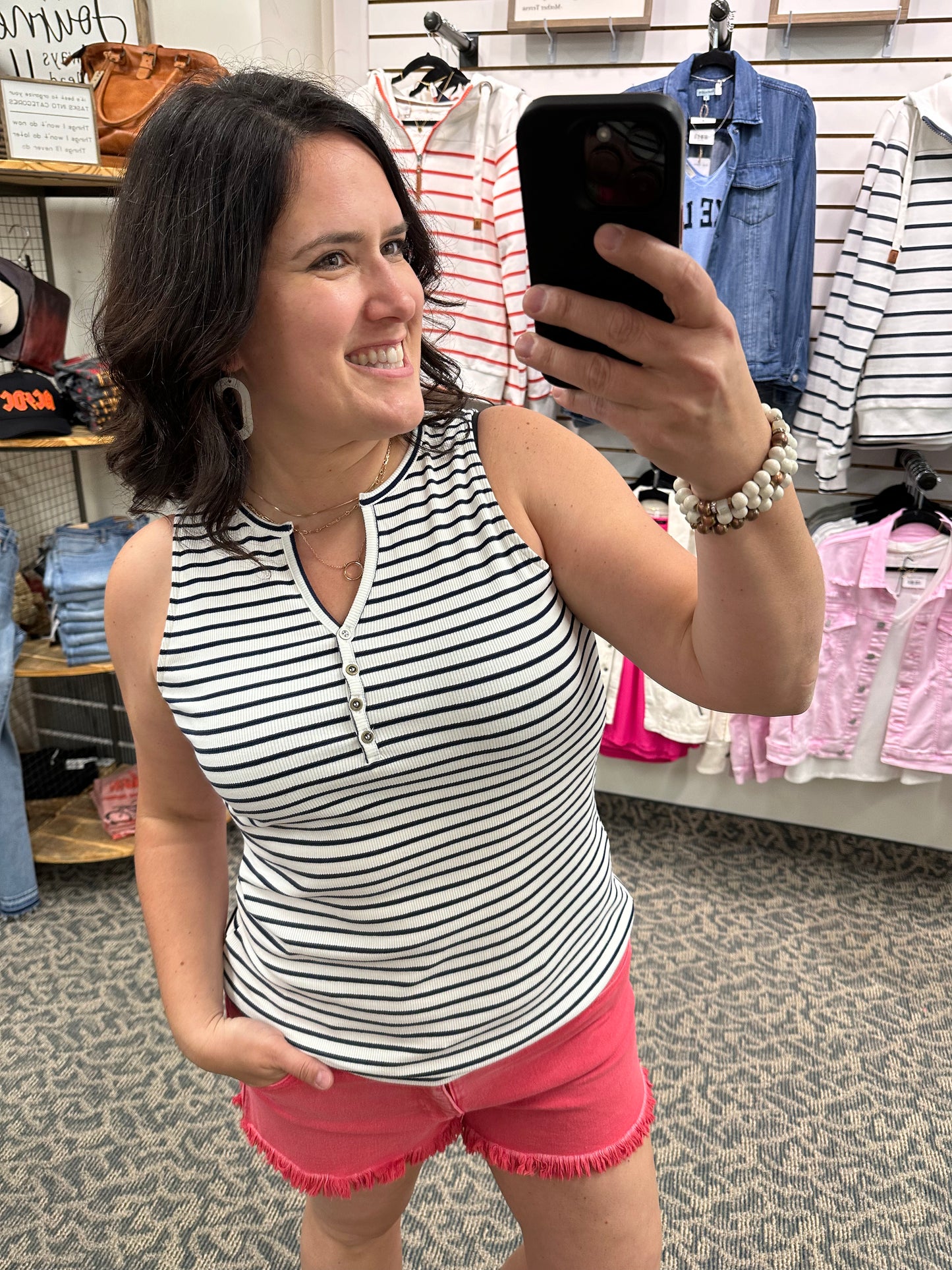 White/Navy Striped Henley Tank Top