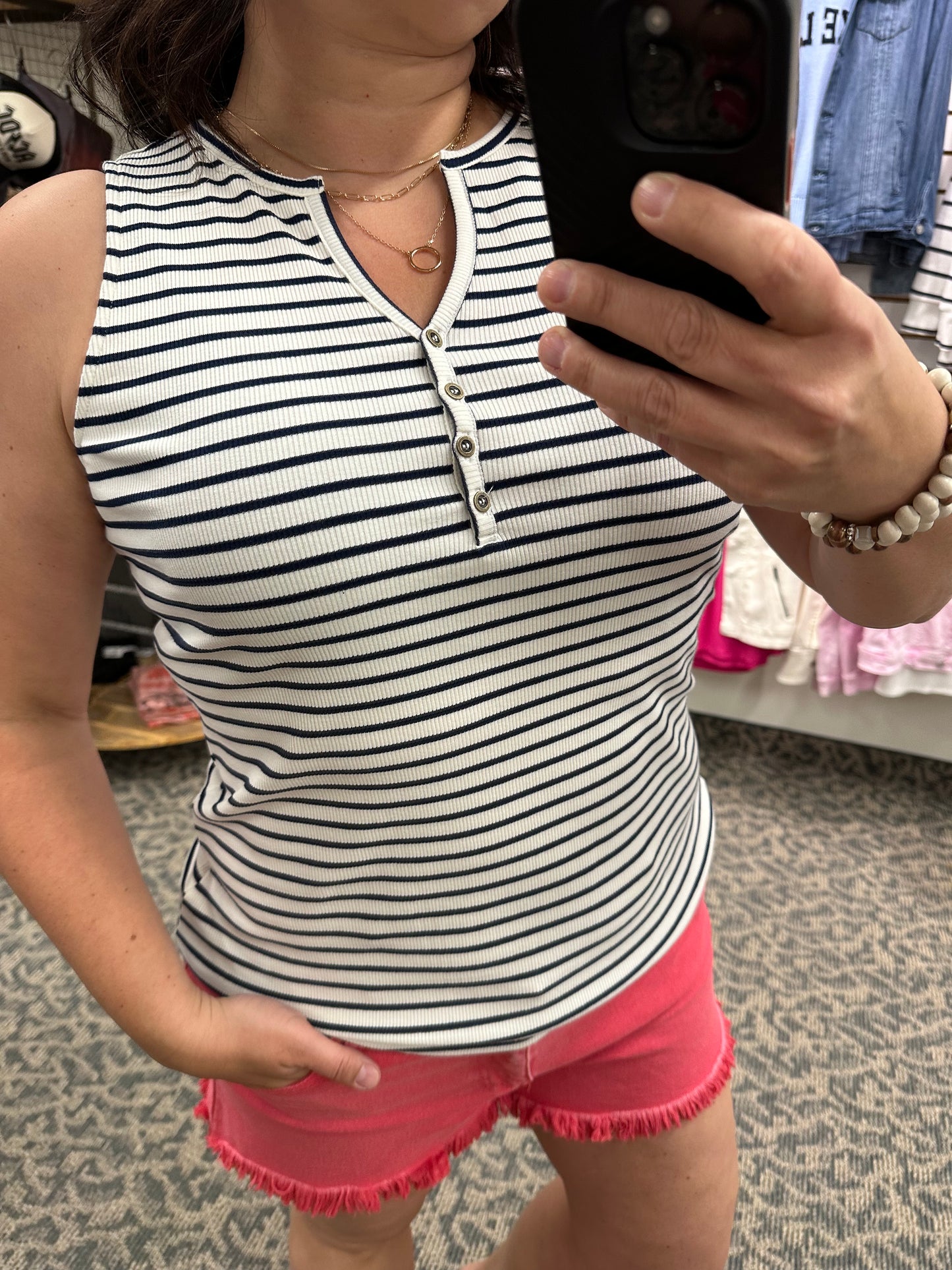 White/Navy Striped Henley Tank Top