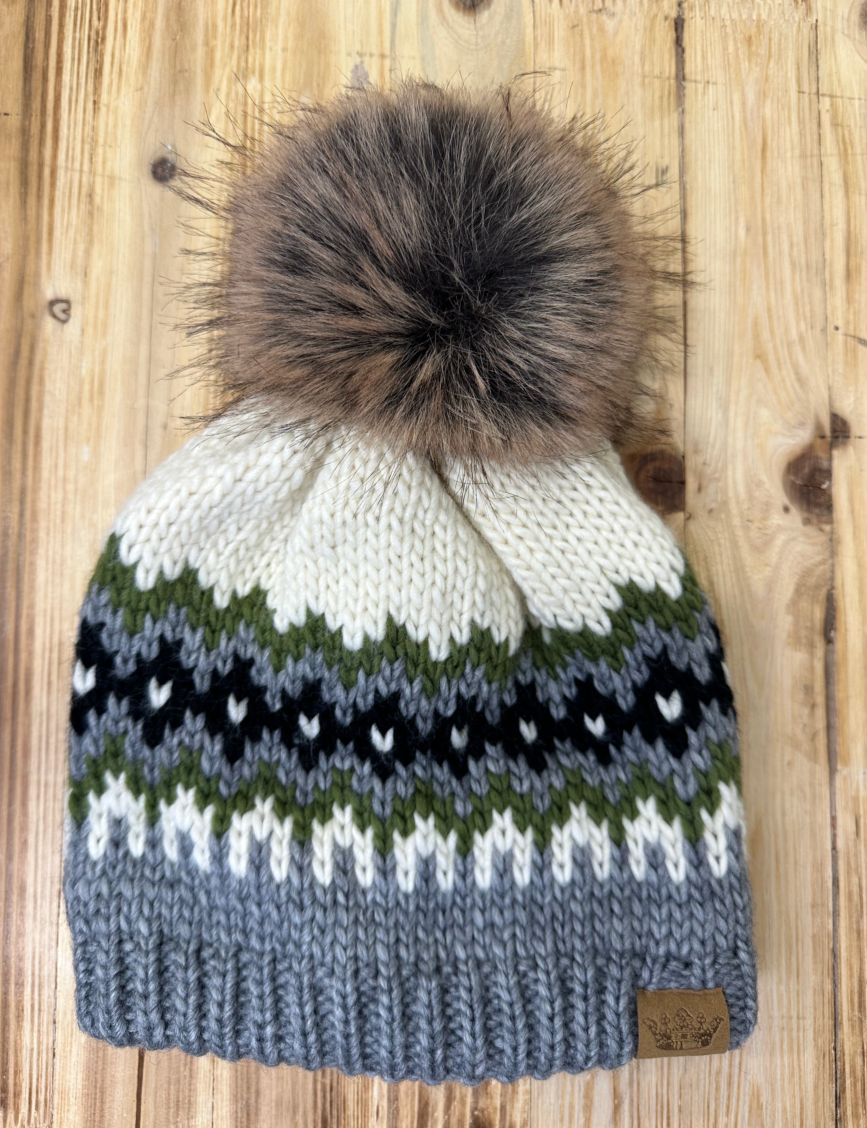 Cream, Green, Black & Gray Pom Hat Accessories - Hat PANACHE
