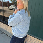 Light Denim Blue Quilted Bomber Jacket Outerwear- Jackets Mystree