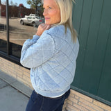Light Denim Blue Quilted Bomber Jacket Outerwear- Jackets Mystree