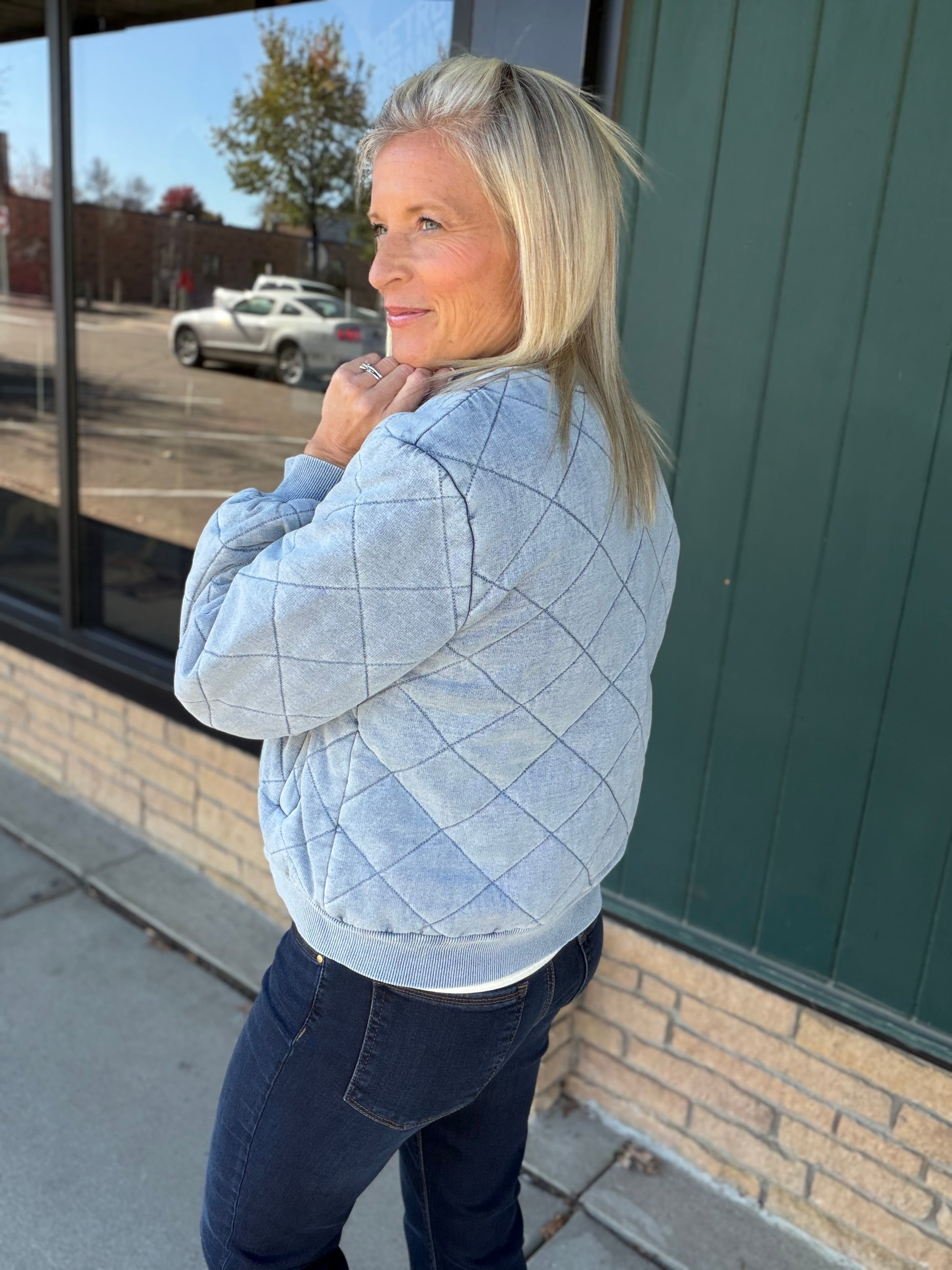 Light Denim Blue Quilted Bomber Jacket Outerwear- Jackets Mystree