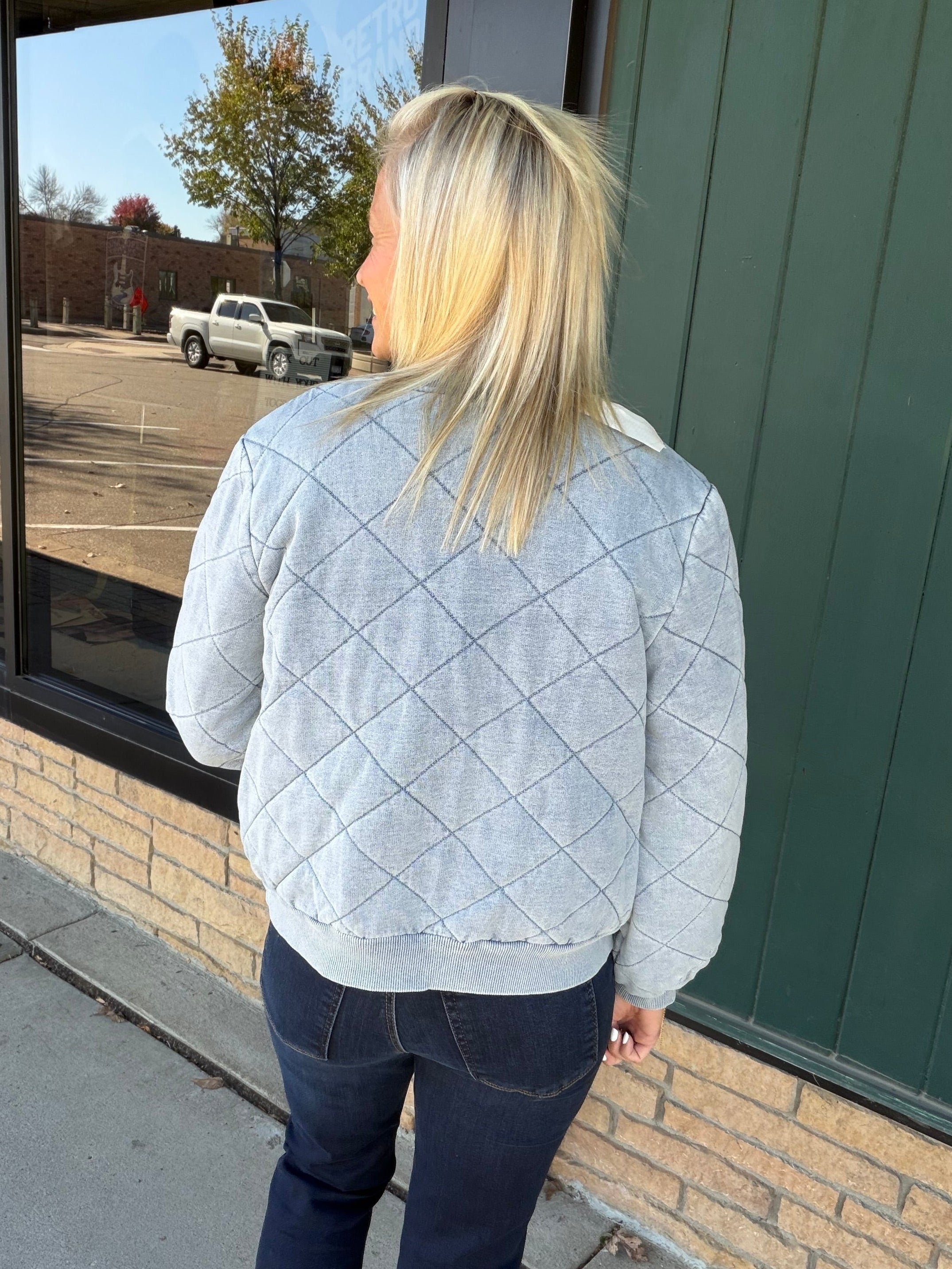 Light Denim Blue Quilted Bomber Jacket Outerwear- Jackets Mystree
