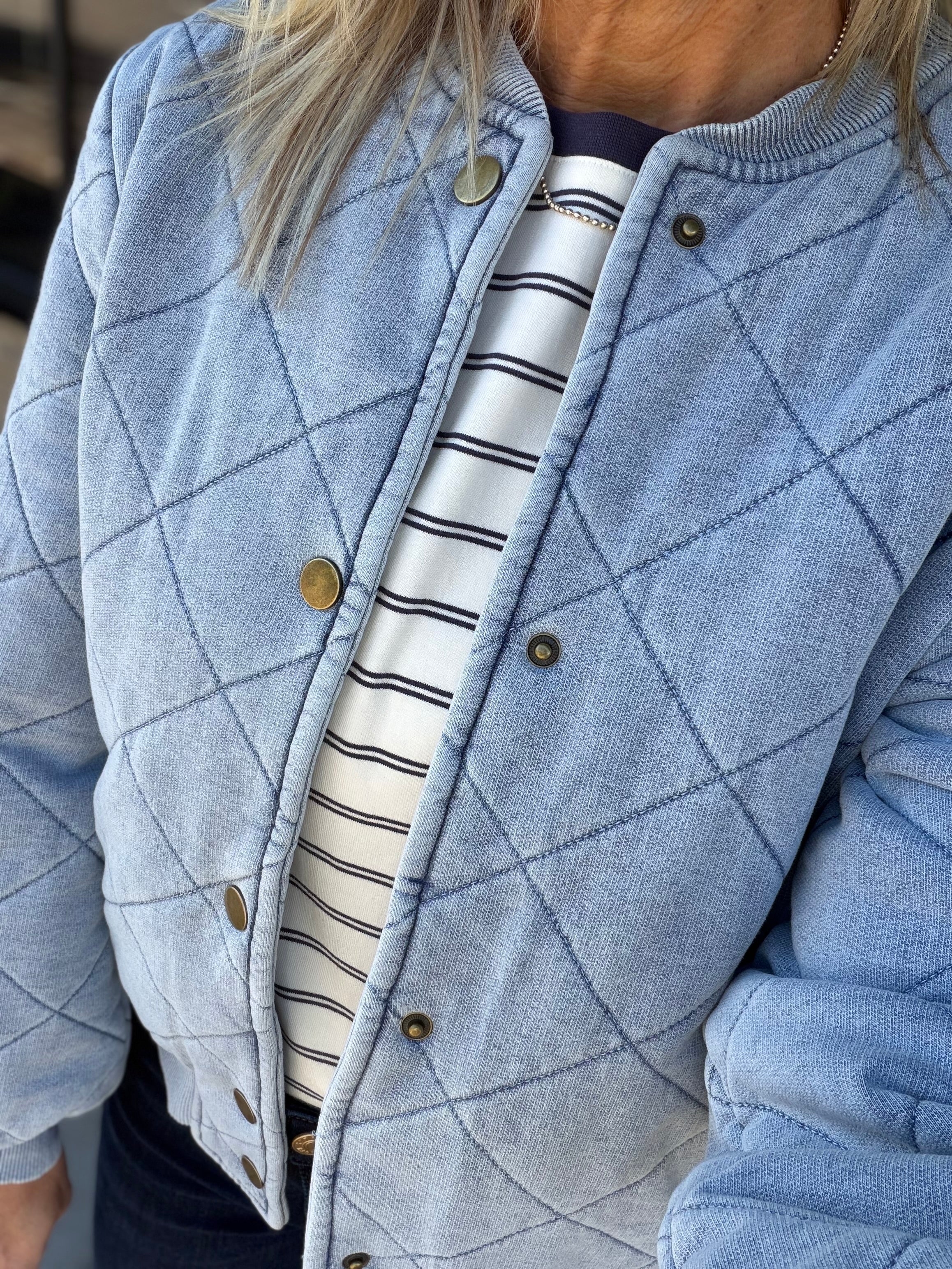 Light Denim Blue Quilted Bomber Jacket Outerwear- Jackets Mystree