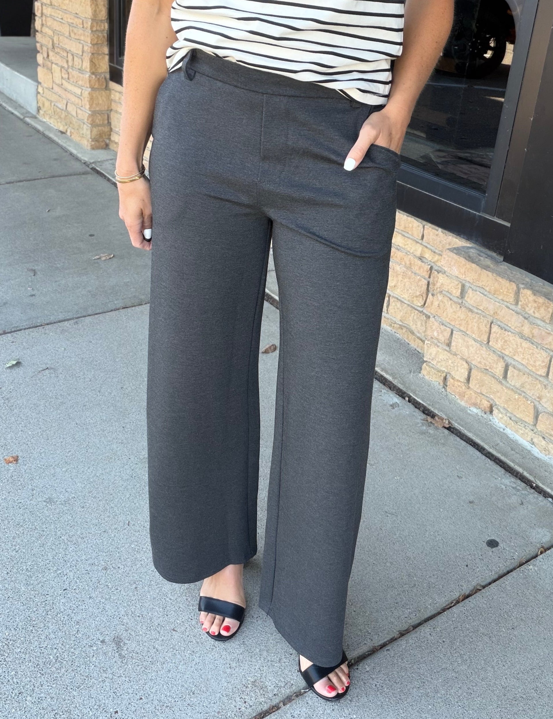 Charcoal Gray Pull-On Straight Leg Trouser Pants Bottoms - Pants Allie Rose