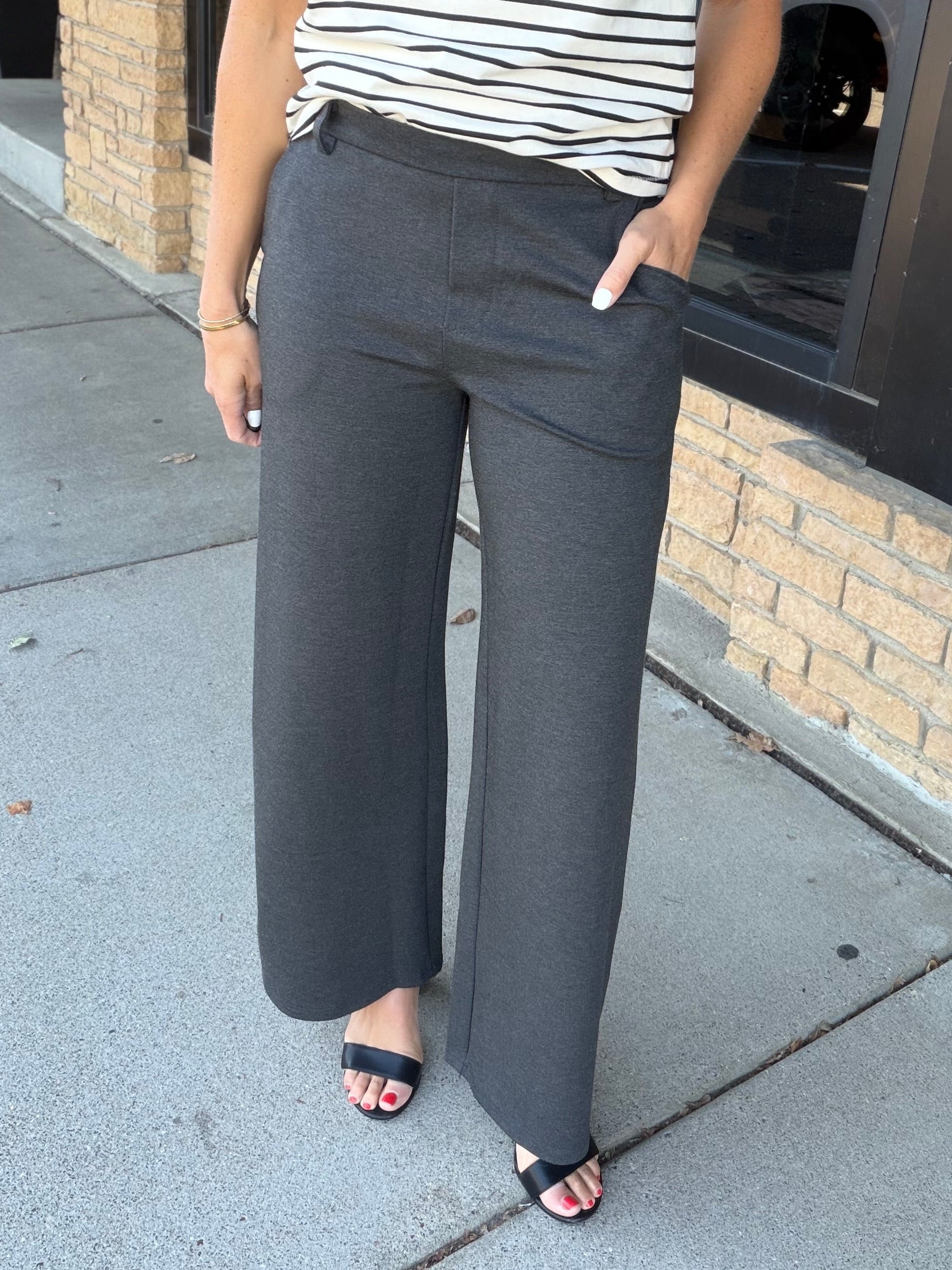 Charcoal Gray Pull-On Straight Leg Trouser Pants Bottoms - Pants Allie Rose