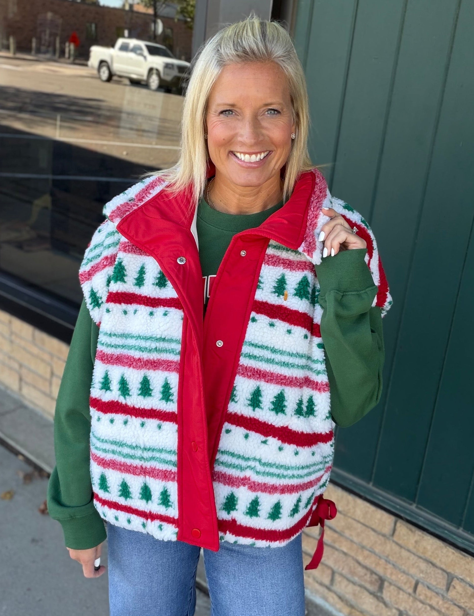 Christmas Tree Sherpa Fleece Button Vest Outerwear - Vest STAR DROP