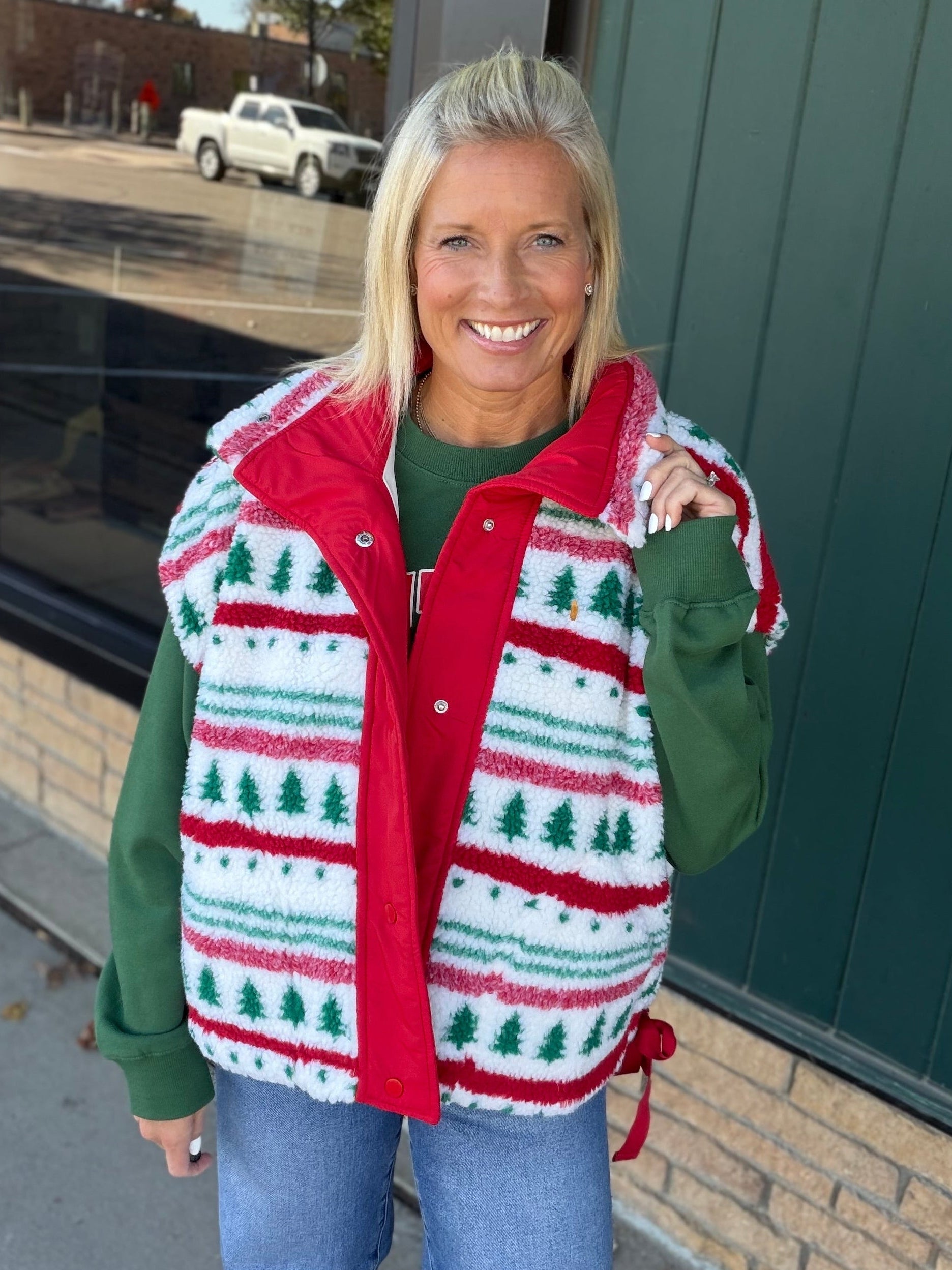Christmas Tree Sherpa Fleece Button Vest Outerwear - Vest TRES BIEN