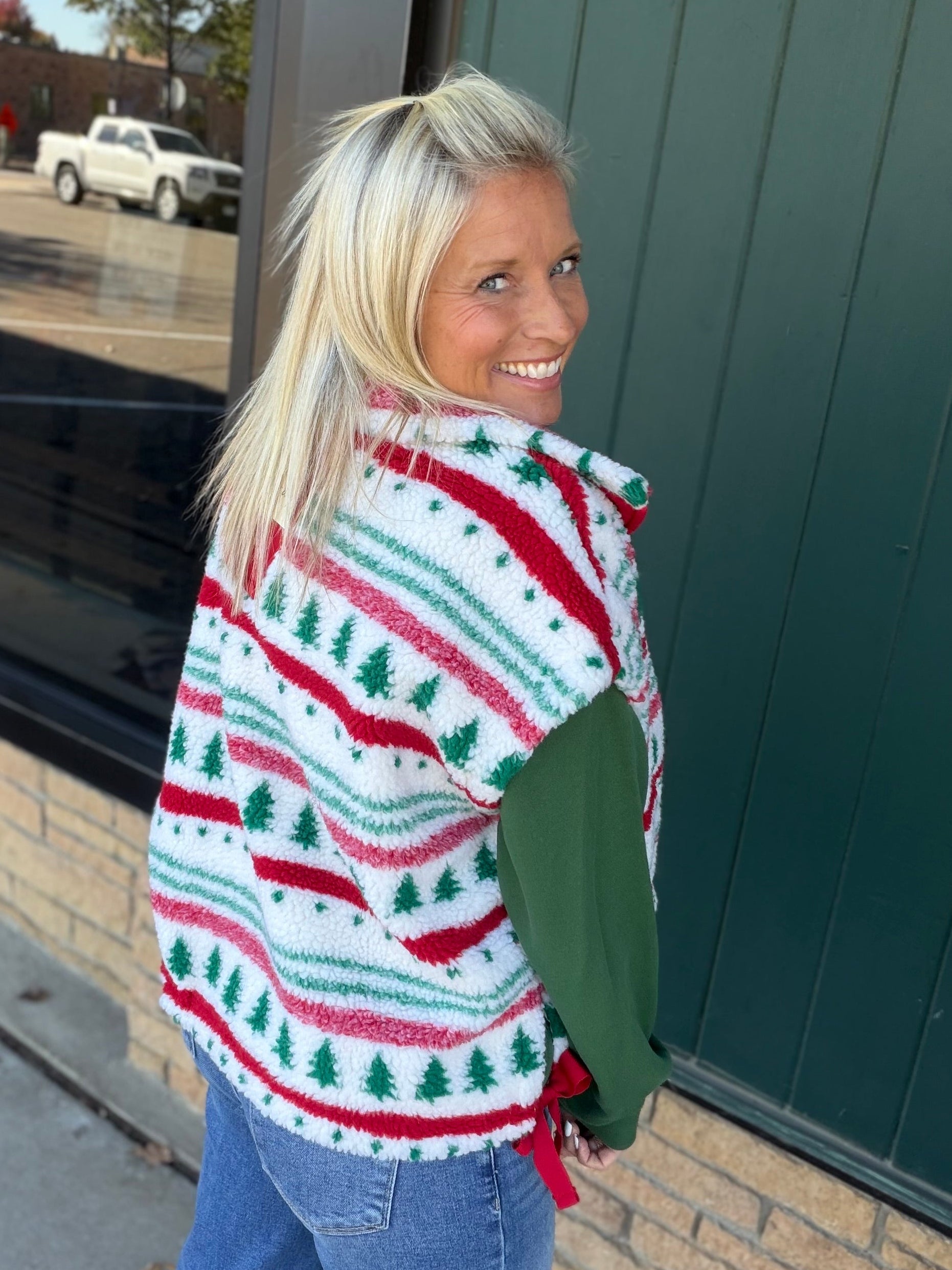Christmas Tree Sherpa Fleece Button Vest Outerwear - Vest TRES BIEN