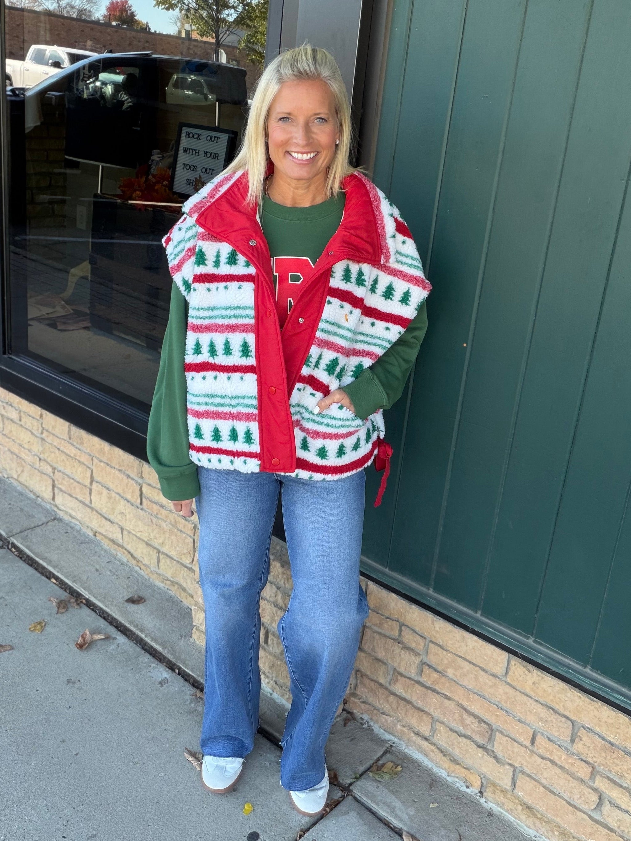 Christmas Tree Sherpa Fleece Button Vest Outerwear - Vest TRES BIEN