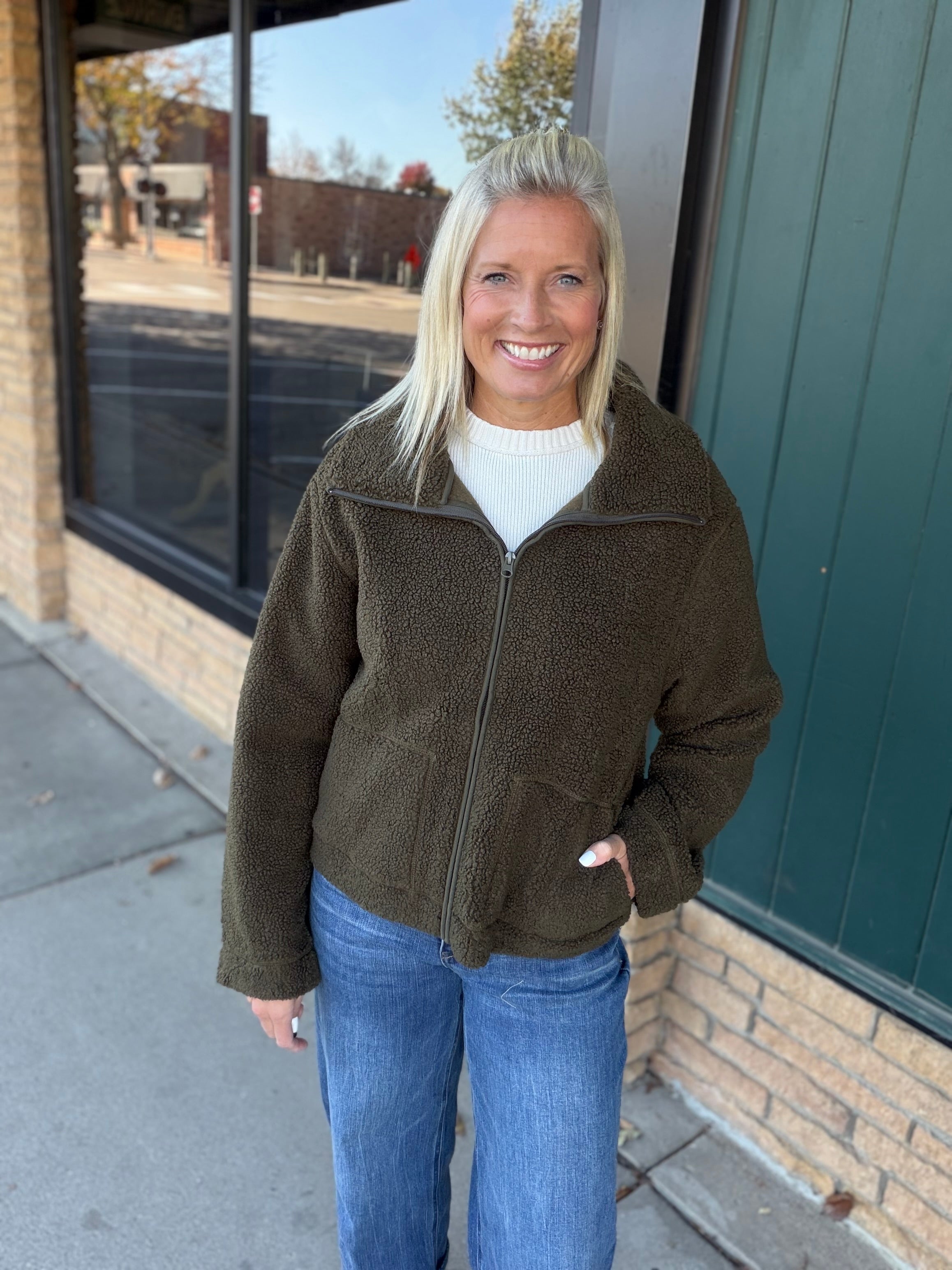 Dena Olive Shearling Zip Up Jacket Outerwear- Jackets KUT FROM THE KLOTH