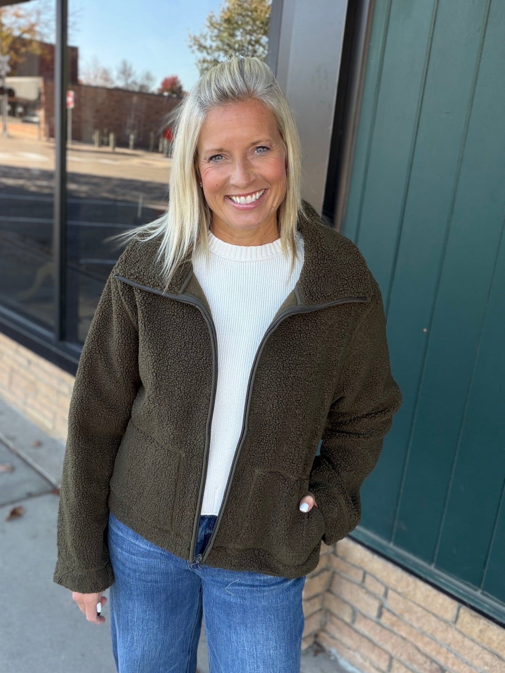 Dena Olive Shearling Zip Up Jacket Outerwear- Jackets KUT FROM THE KLOTH