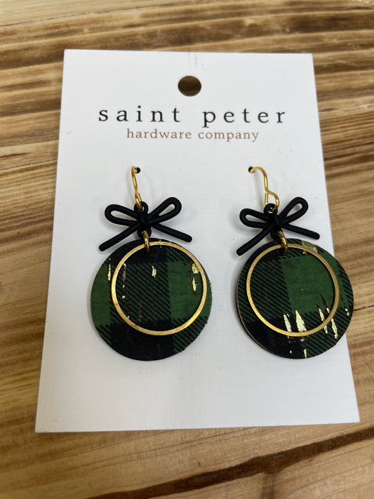 Green and Black Plaid Circle Earring