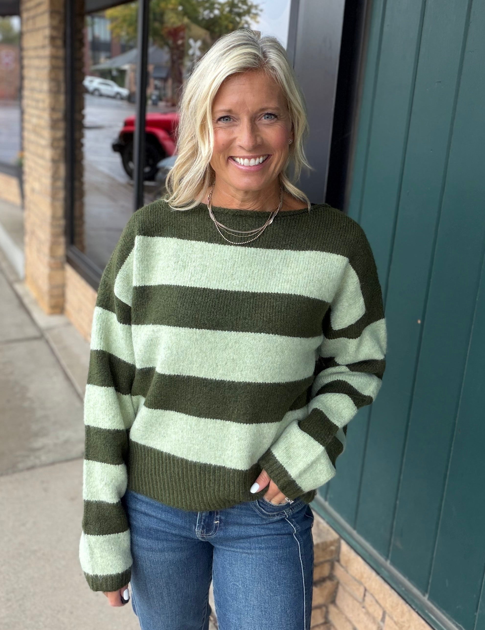 Forest Lime Striped Boatneck Sweater Top - Sweater WISHLIST