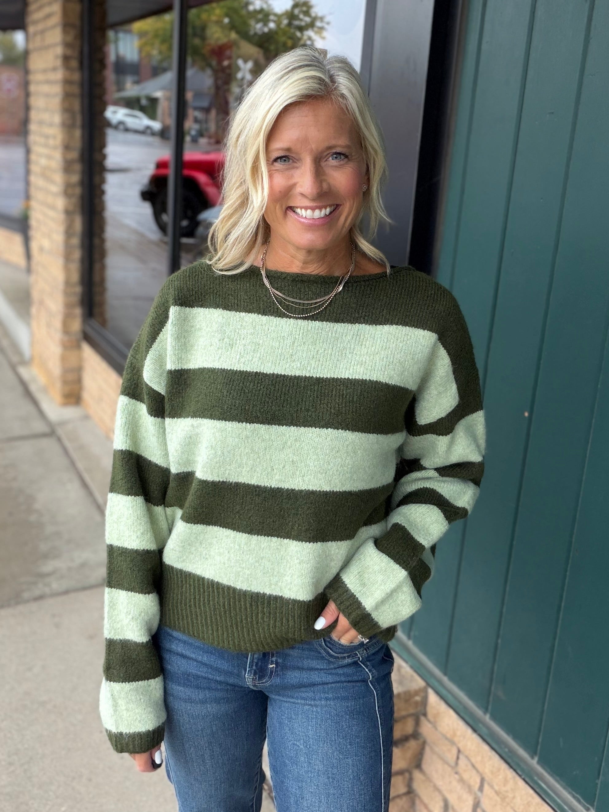 Forest Lime Striped Boatneck Sweater Top - Sweater WISHLIST