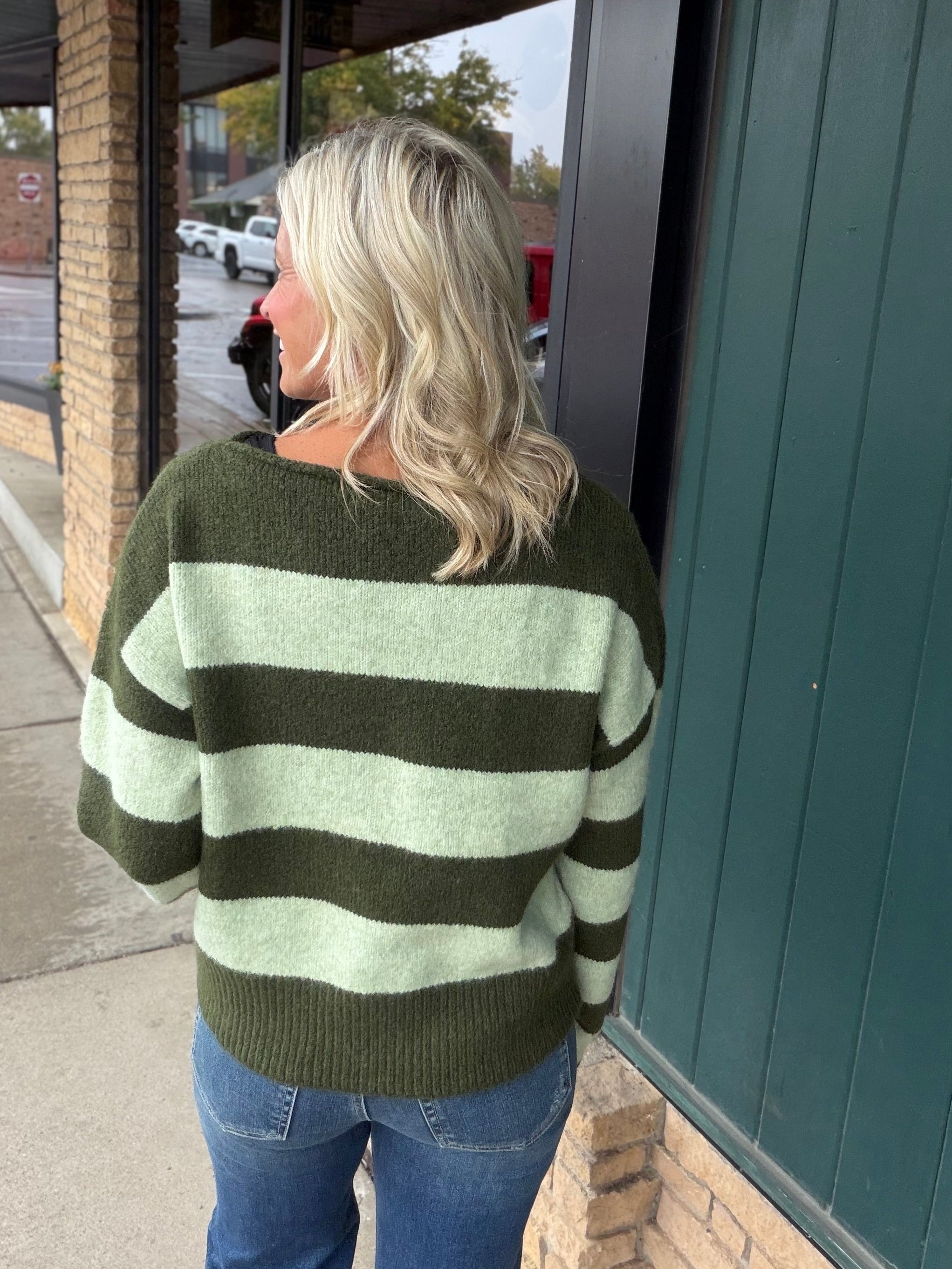 Forest Lime Striped Boatneck Sweater Top - Sweater WISHLIST