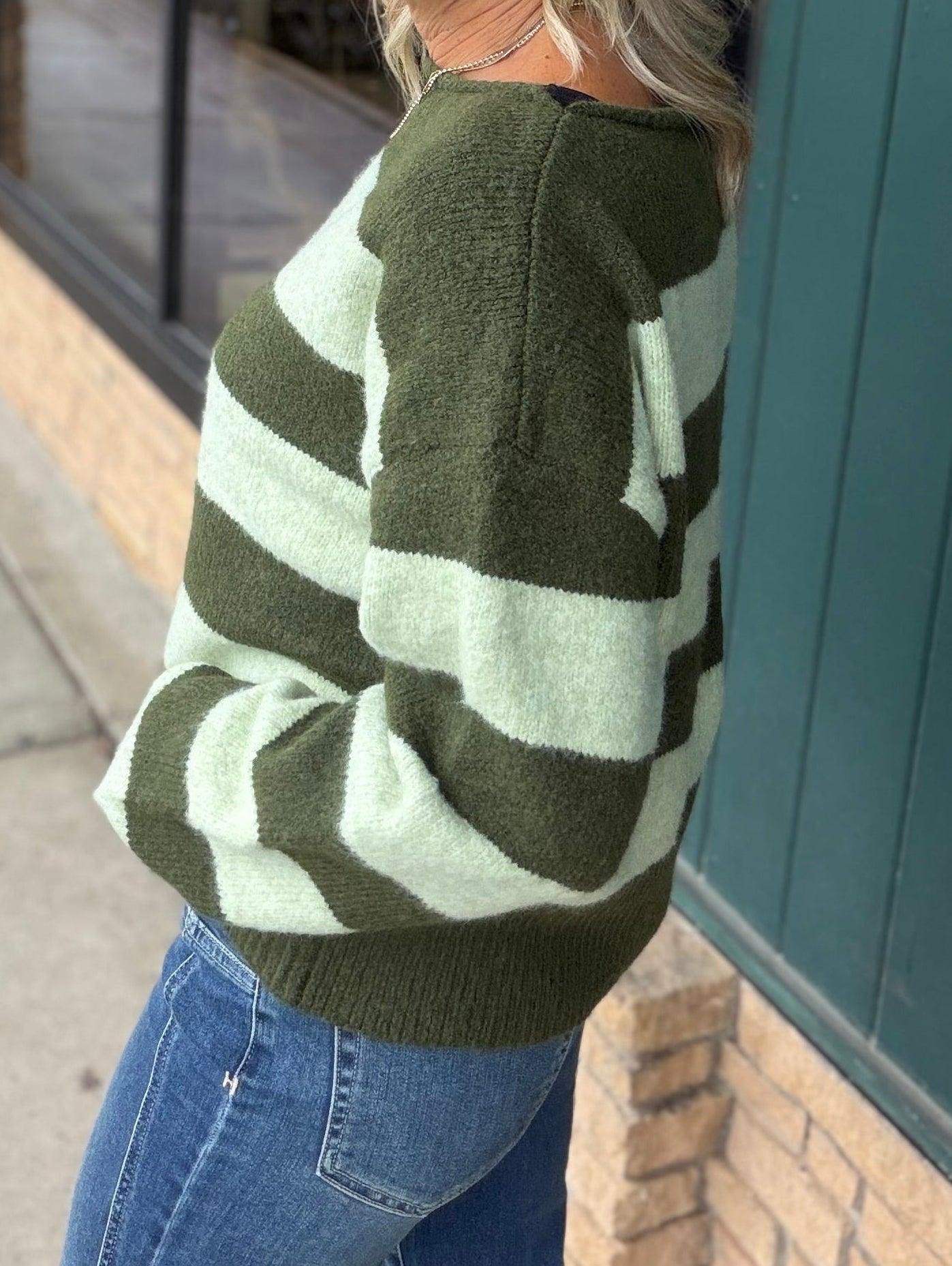 Forest Lime Striped Boatneck Sweater Top - Sweater WISHLIST