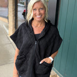 Black Oversized Quilted Zip Hoodie Vest Outerwear - Vest RAE MODE