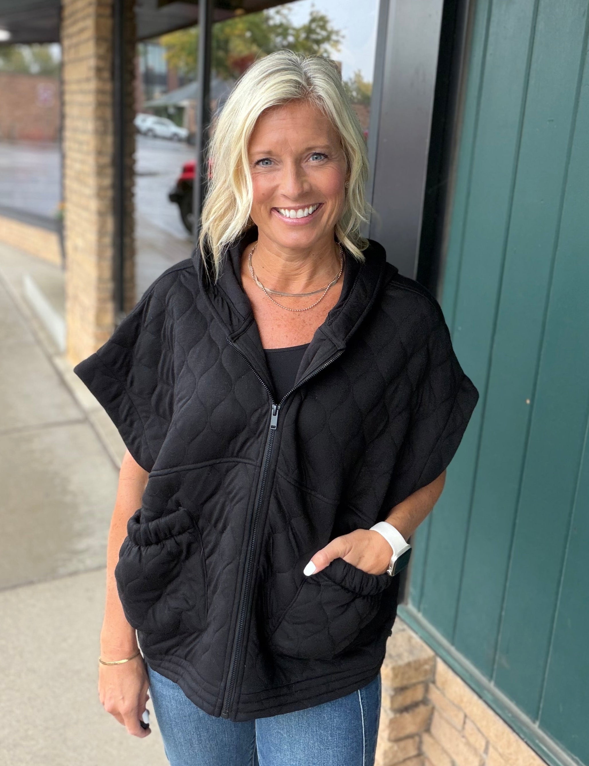Black Oversized Quilted Zip Hoodie Vest Outerwear - Vest RAE MODE