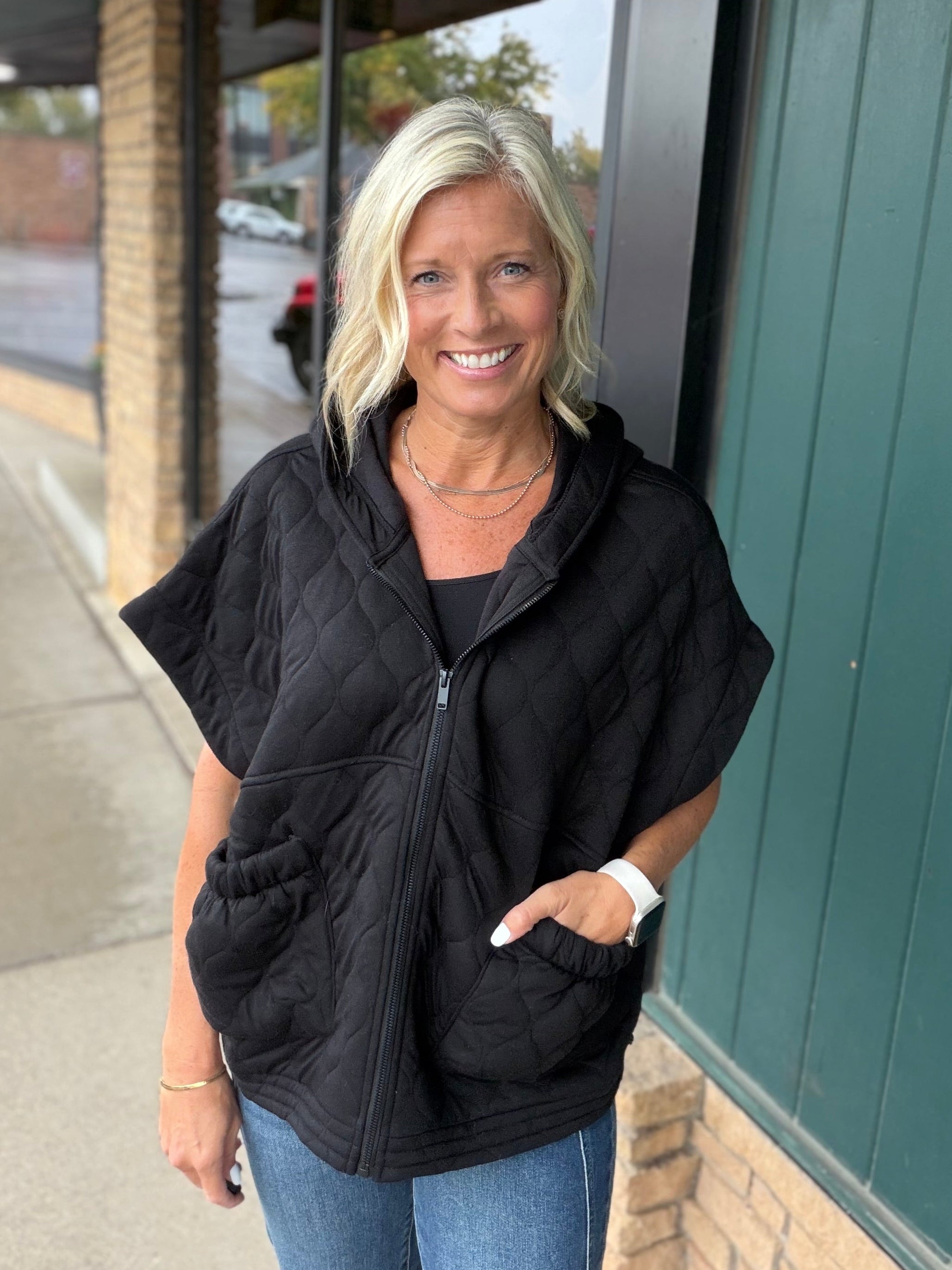 Black Oversized Quilted Zip Hoodie Vest Outerwear - Vest RAE MODE