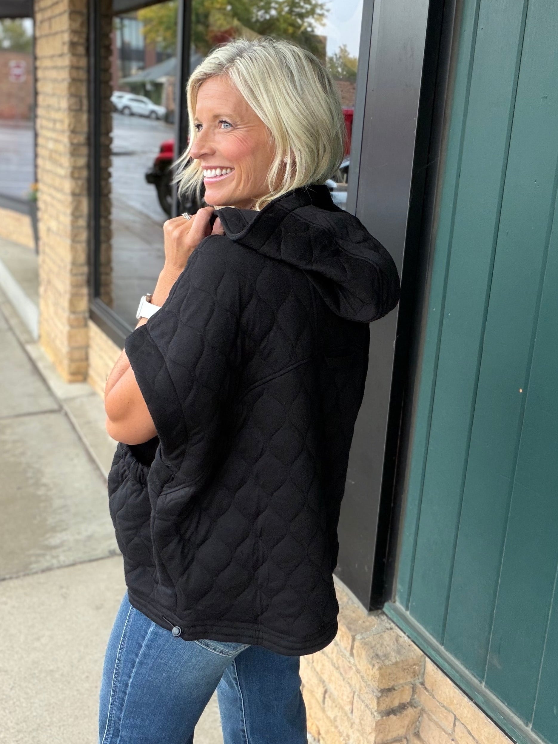 Black Oversized Quilted Zip Hoodie Vest Outerwear - Vest RAE MODE