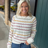 Cream Multi Crochet Scallop Stripe Sweater Top - Sweater IN FEBRUARY