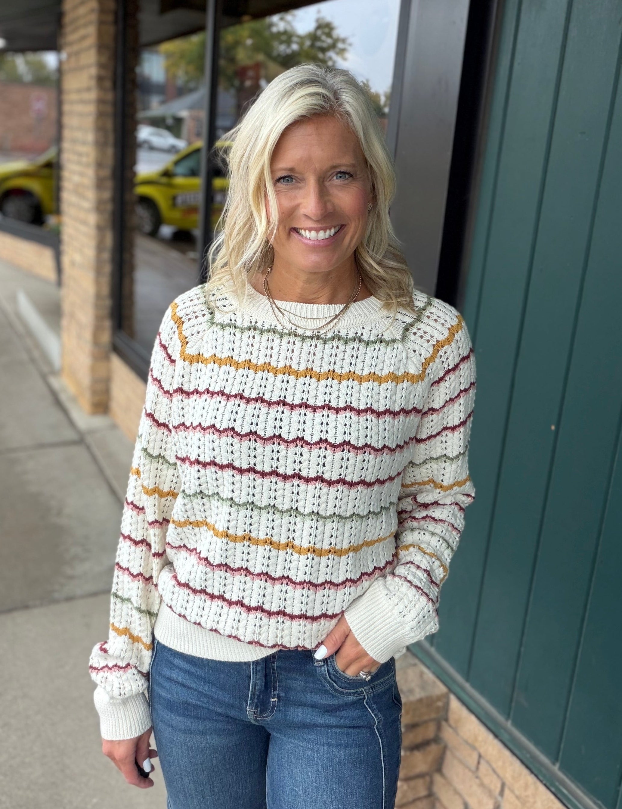 Cream Multi Crochet Scallop Stripe Sweater Top - Sweater IN FEBRUARY
