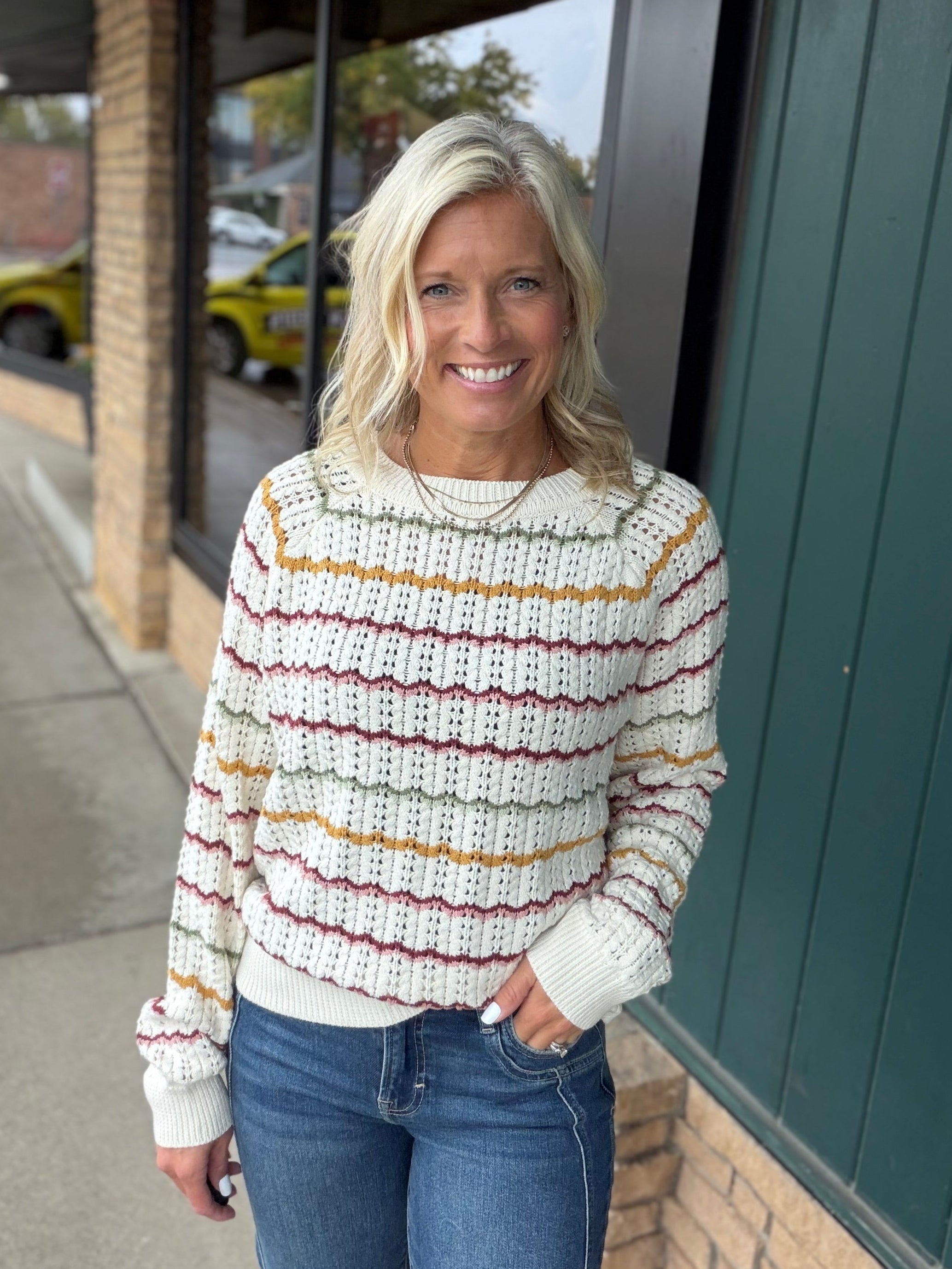 Cream Multi Crochet Scallop Stripe Sweater Top - Sweater IN FEBRUARY
