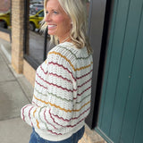 Cream Multi Crochet Scallop Stripe Sweater Top - Sweater IN FEBRUARY
