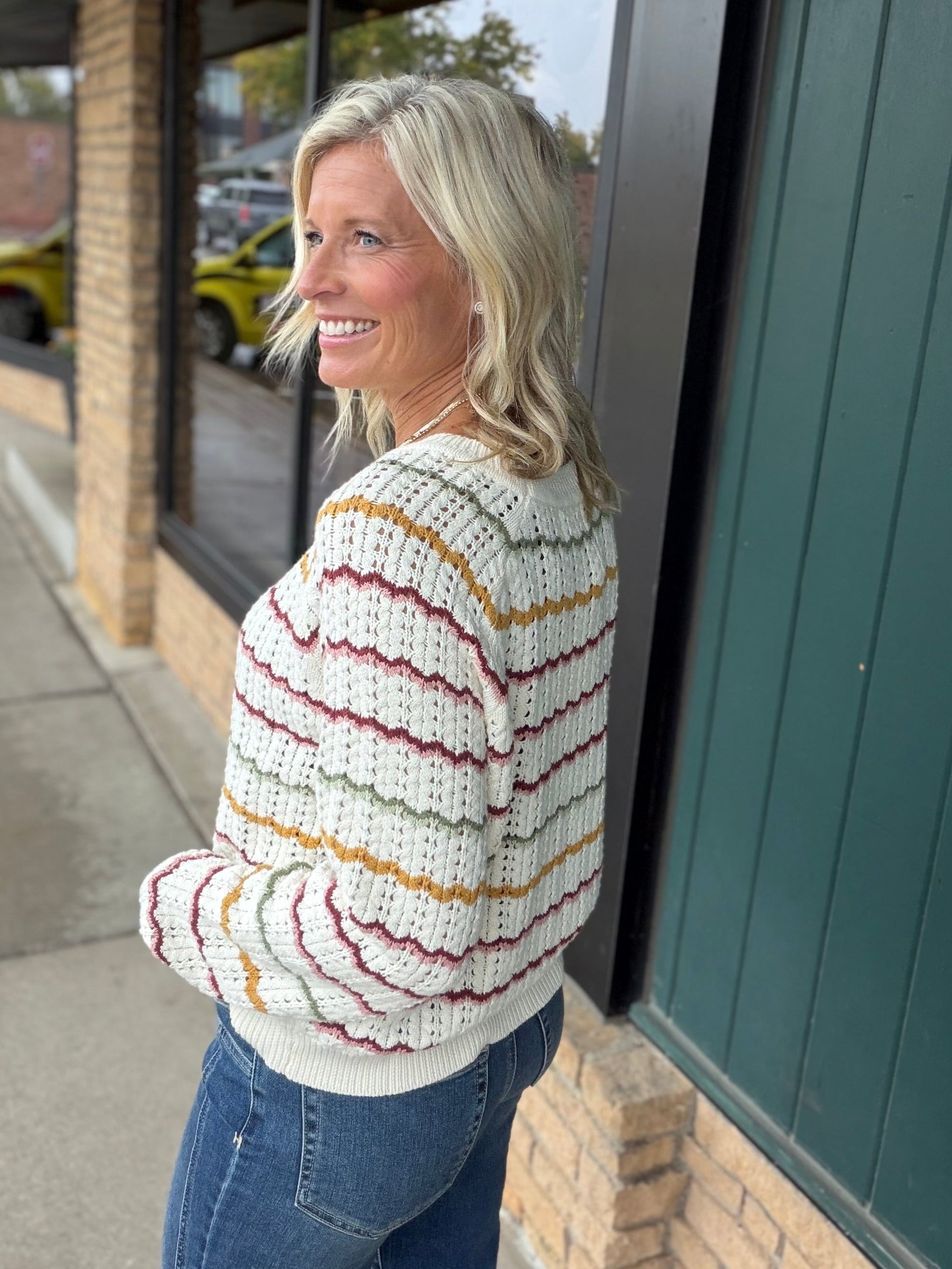 Cream Multi Crochet Scallop Stripe Sweater Top - Sweater IN FEBRUARY