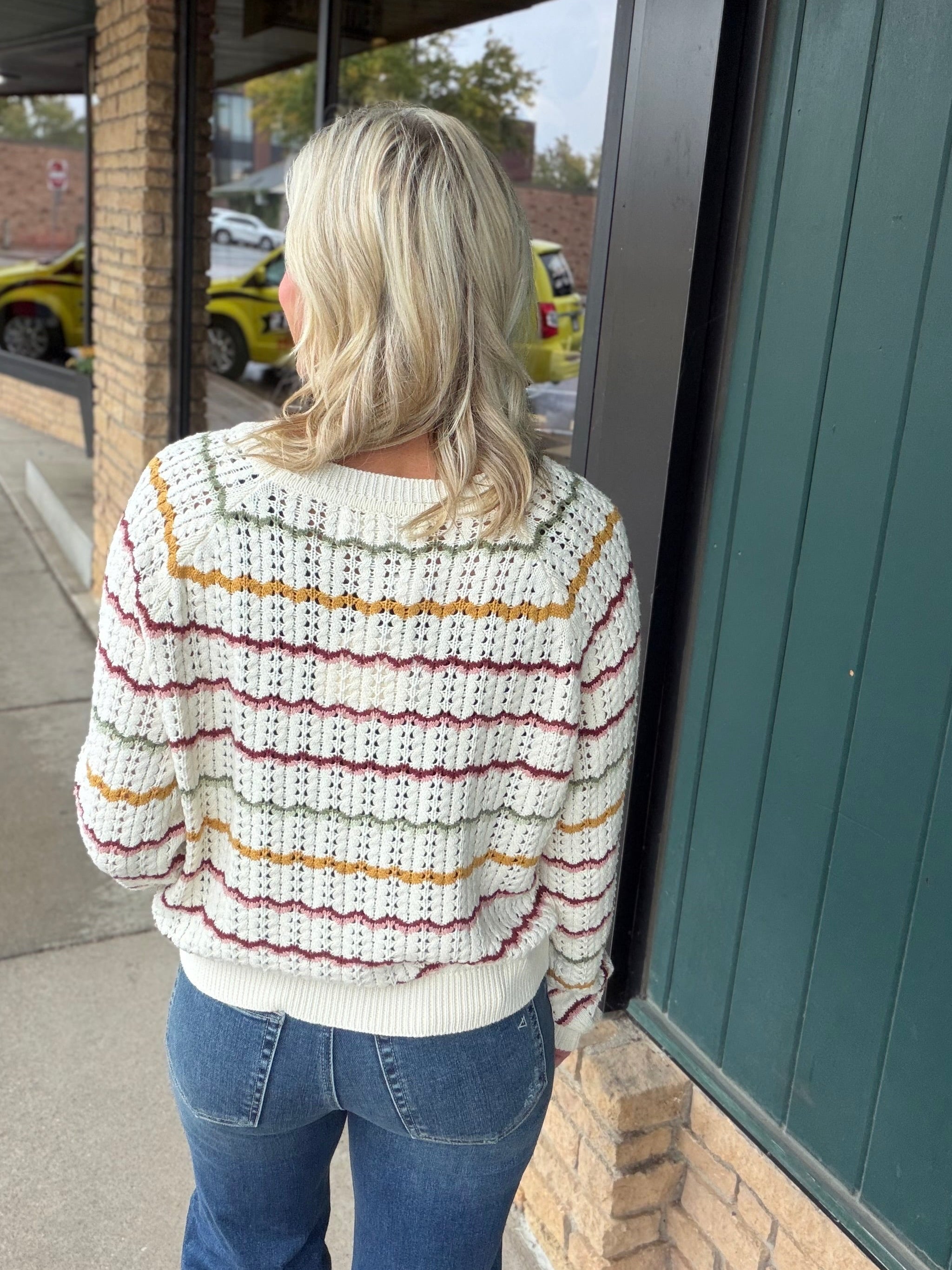 Cream Multi Crochet Scallop Stripe Sweater Top - Sweater IN FEBRUARY