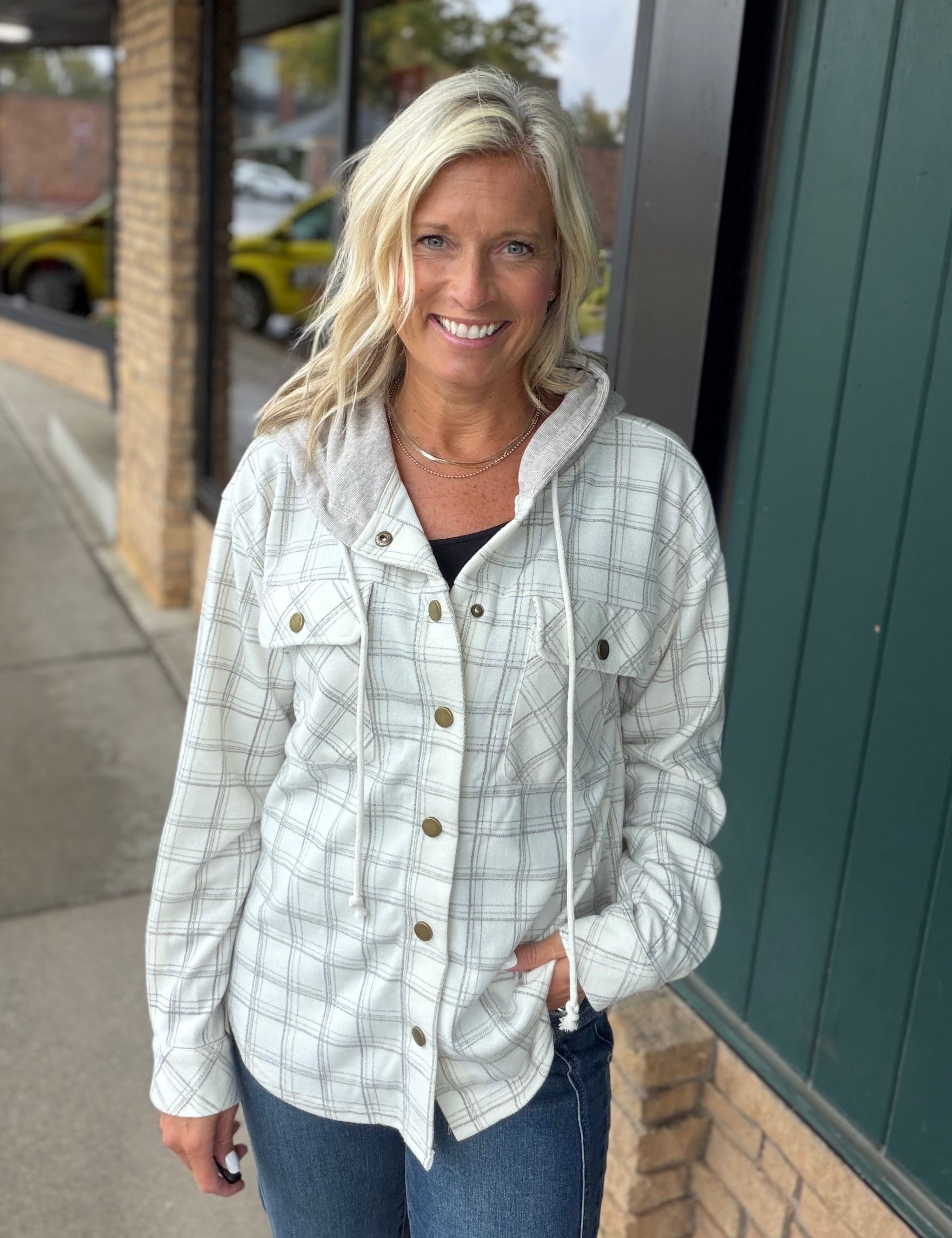 Ecru Check Plaid Snap Button Down Shacket Outerwear- Jackets HEM & THREAD