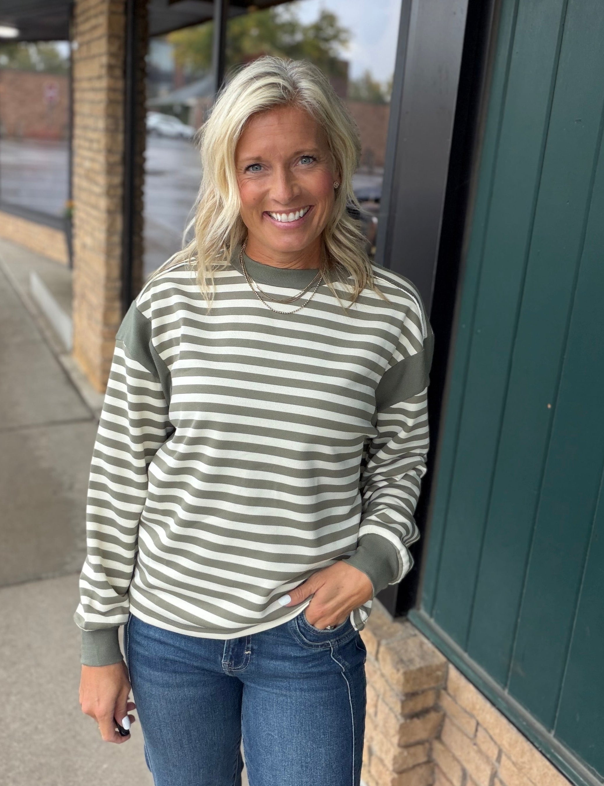 Faded Olive Stripe Contrast Panel Top Top - Sweatshirt DOE & RAE
