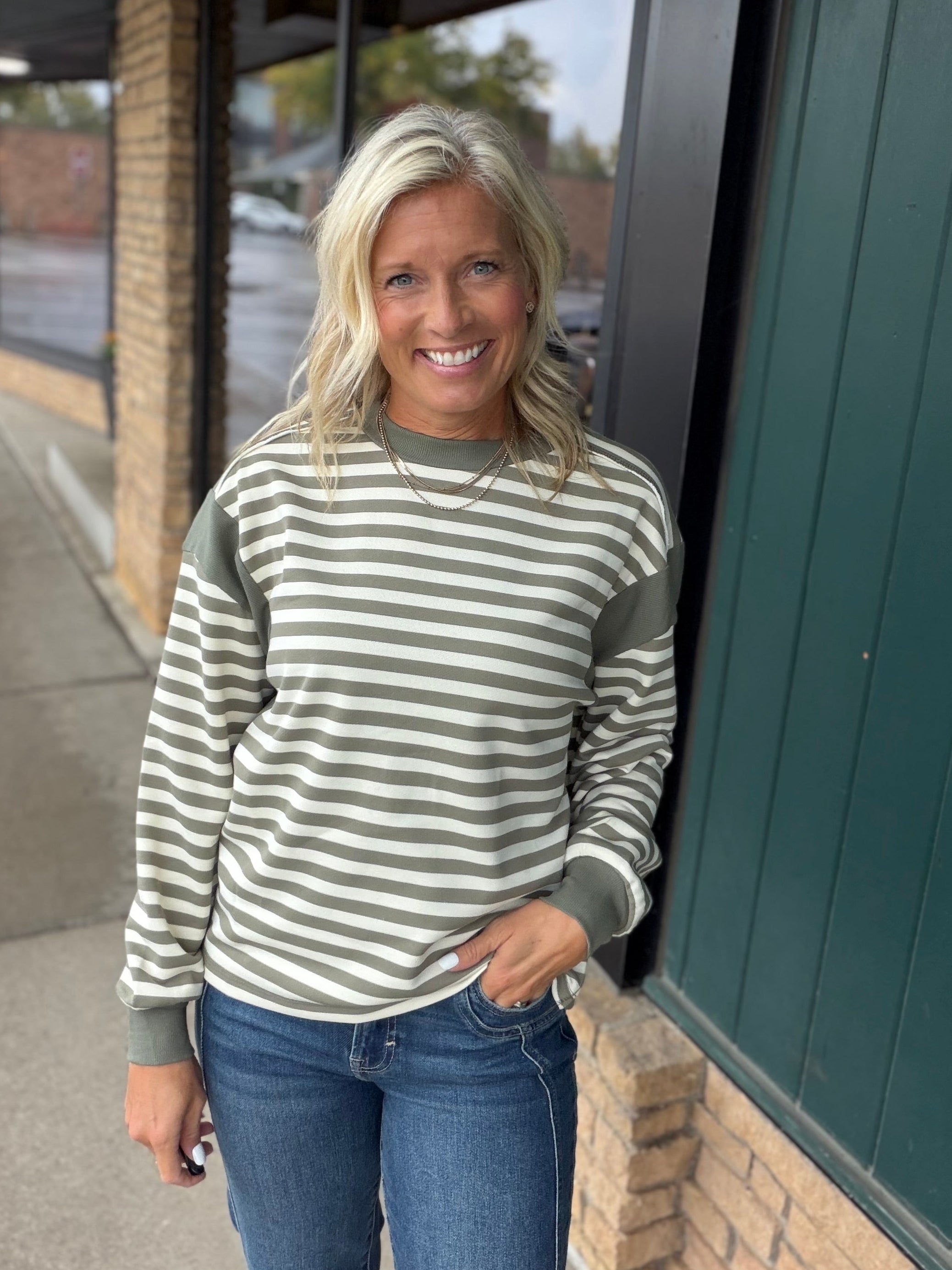 Faded Olive Stripe Contrast Panel Top Top - Sweatshirt DOE & RAE