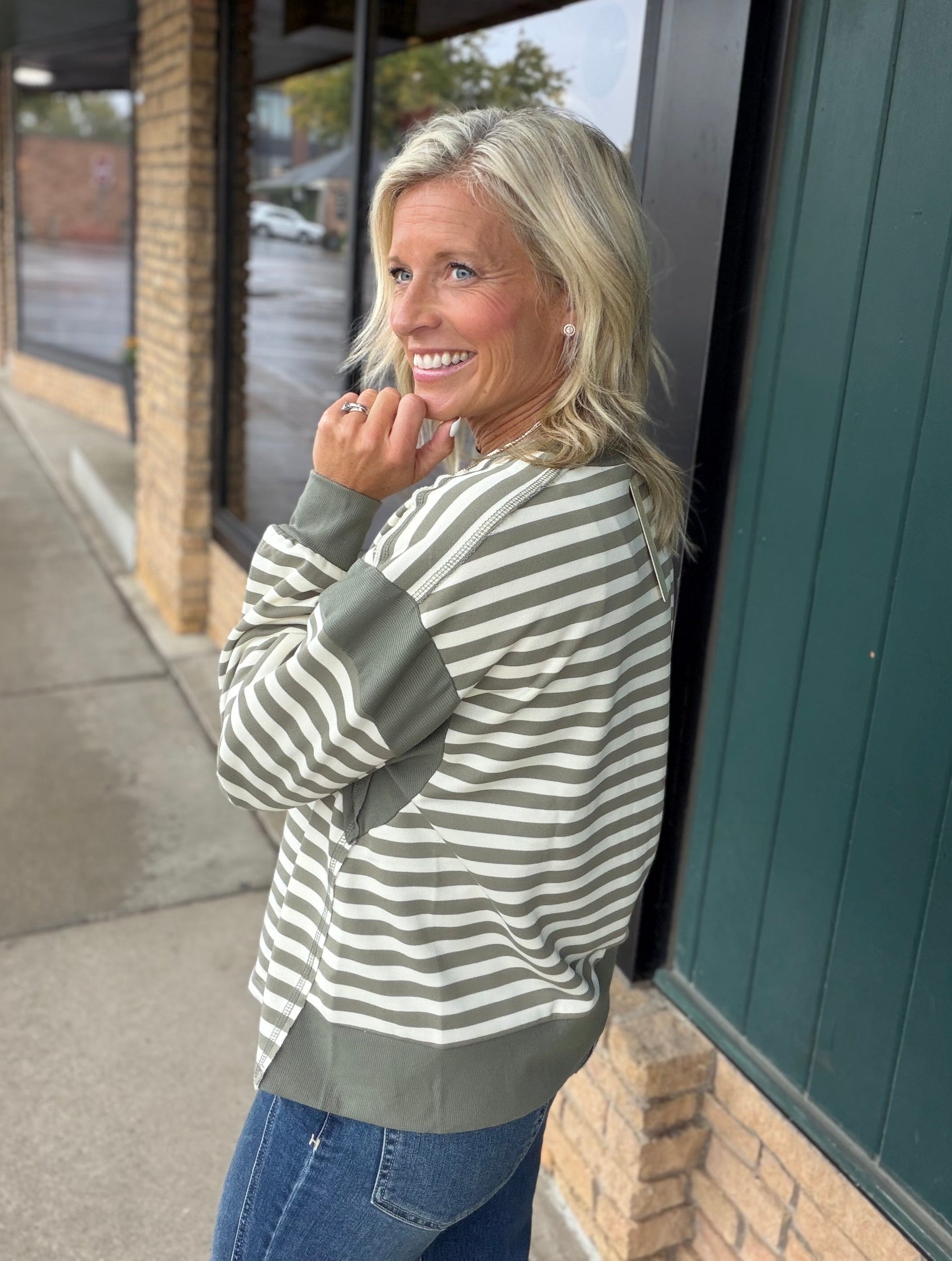 Faded Olive Stripe Contrast Panel Top Top - Sweatshirt DOE & RAE