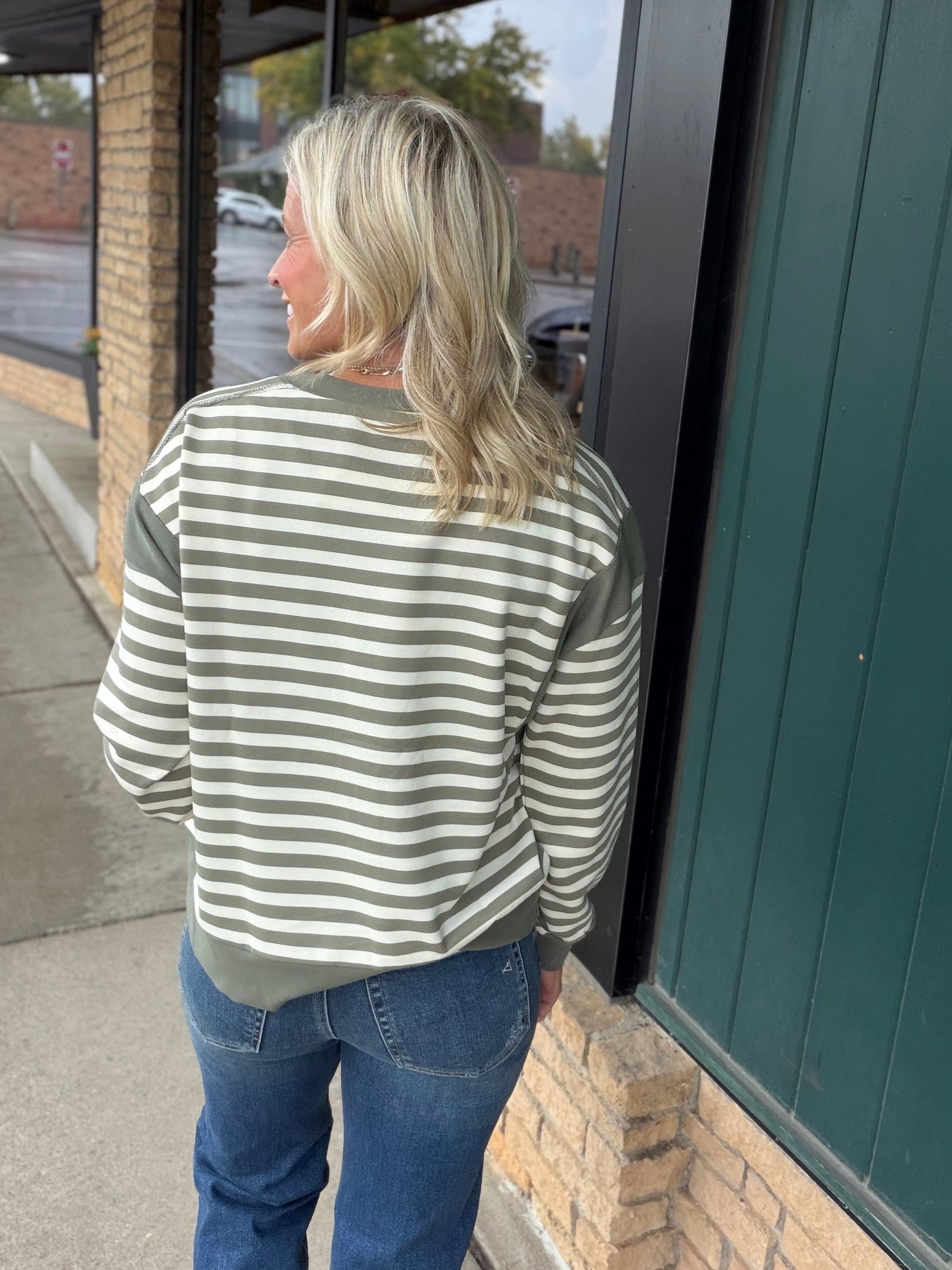 Faded Olive Stripe Contrast Panel Top Top - Sweatshirt DOE & RAE