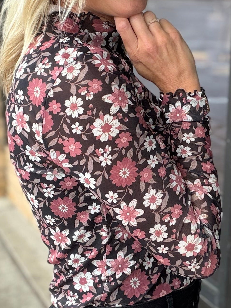 Black Multi Floral Print Mesh Mock Neck Top Tops- Blouses HEM & THREAD