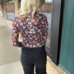 Black Multi Floral Print Mesh Mock Neck Top Tops- Blouses HEM & THREAD