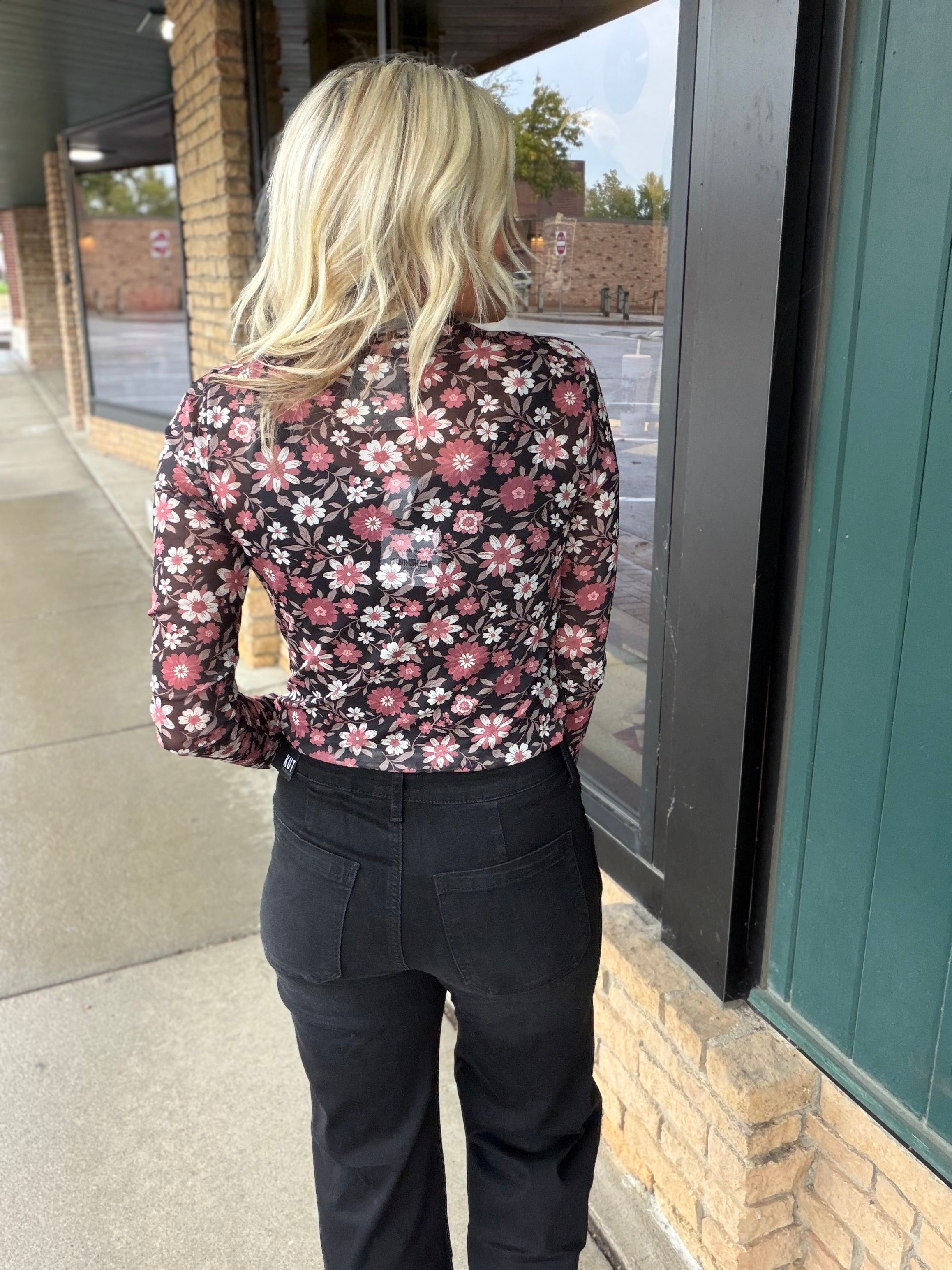 Black Multi Floral Print Mesh Mock Neck Top Tops- Blouses HEM & THREAD