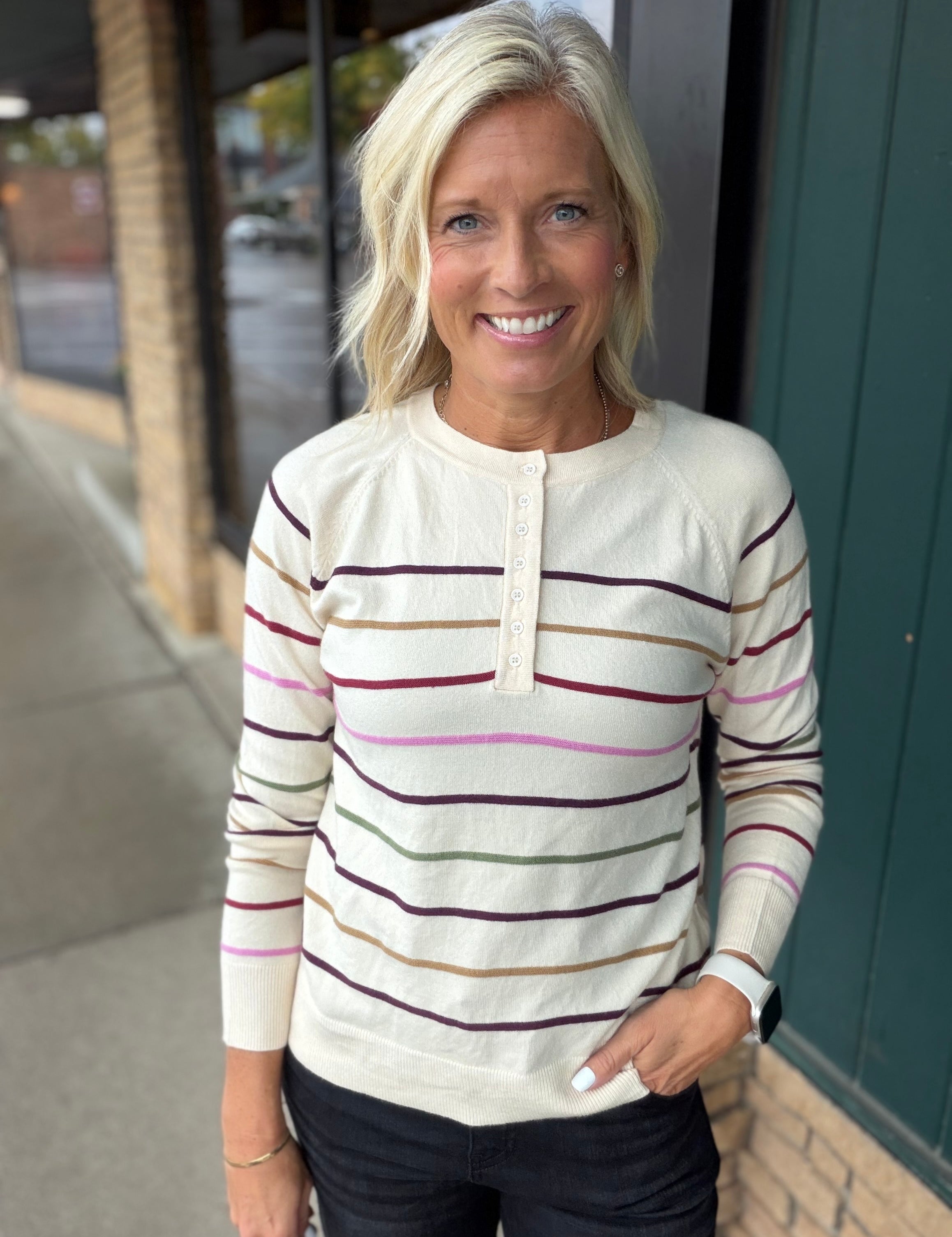 Oatmeal Pink Multi Stripe Raglan Pullover Top - Sweater STACCATO