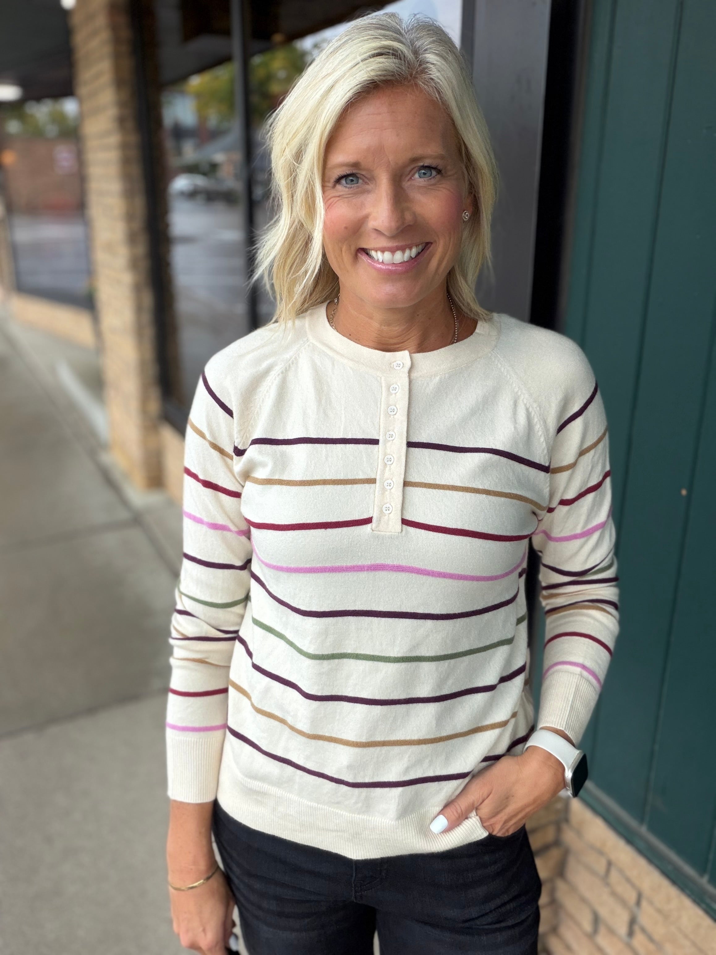 Oatmeal Pink Multi Stripe Raglan Pullover Top - Sweater STACCATO
