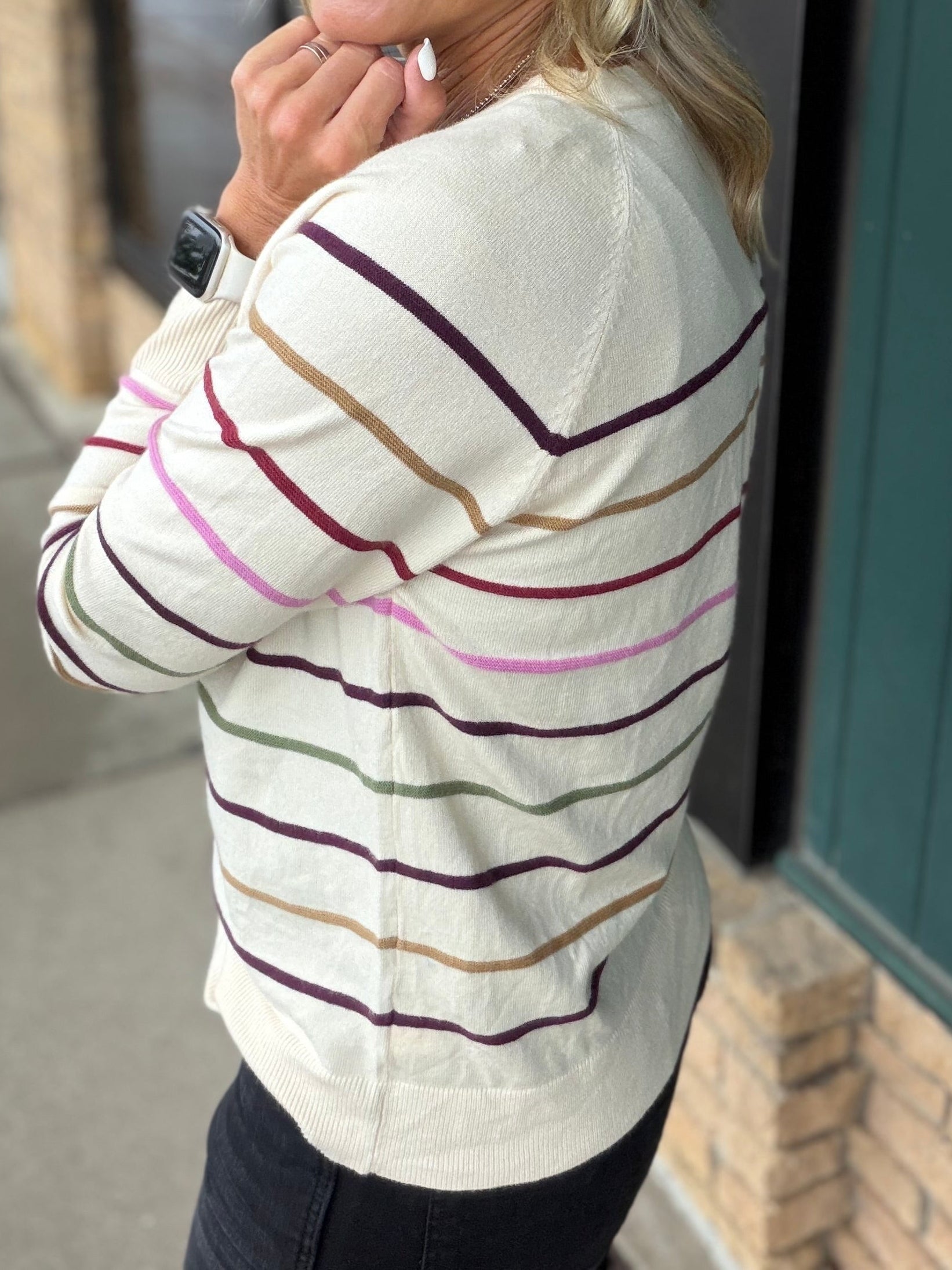 Oatmeal Pink Multi Stripe Raglan Pullover Top - Sweater STACCATO