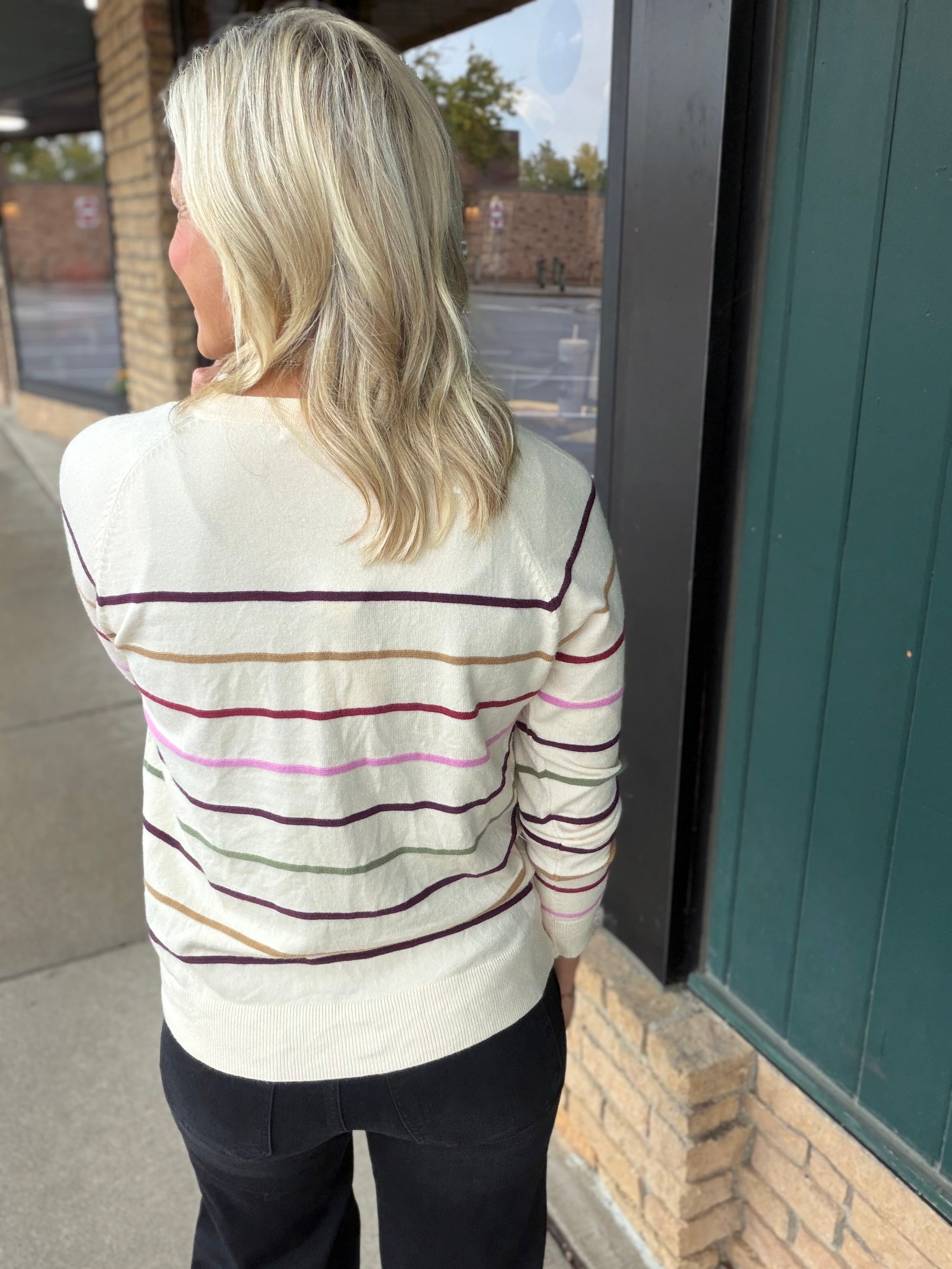 Oatmeal Pink Multi Stripe Raglan Pullover Top - Sweater STACCATO