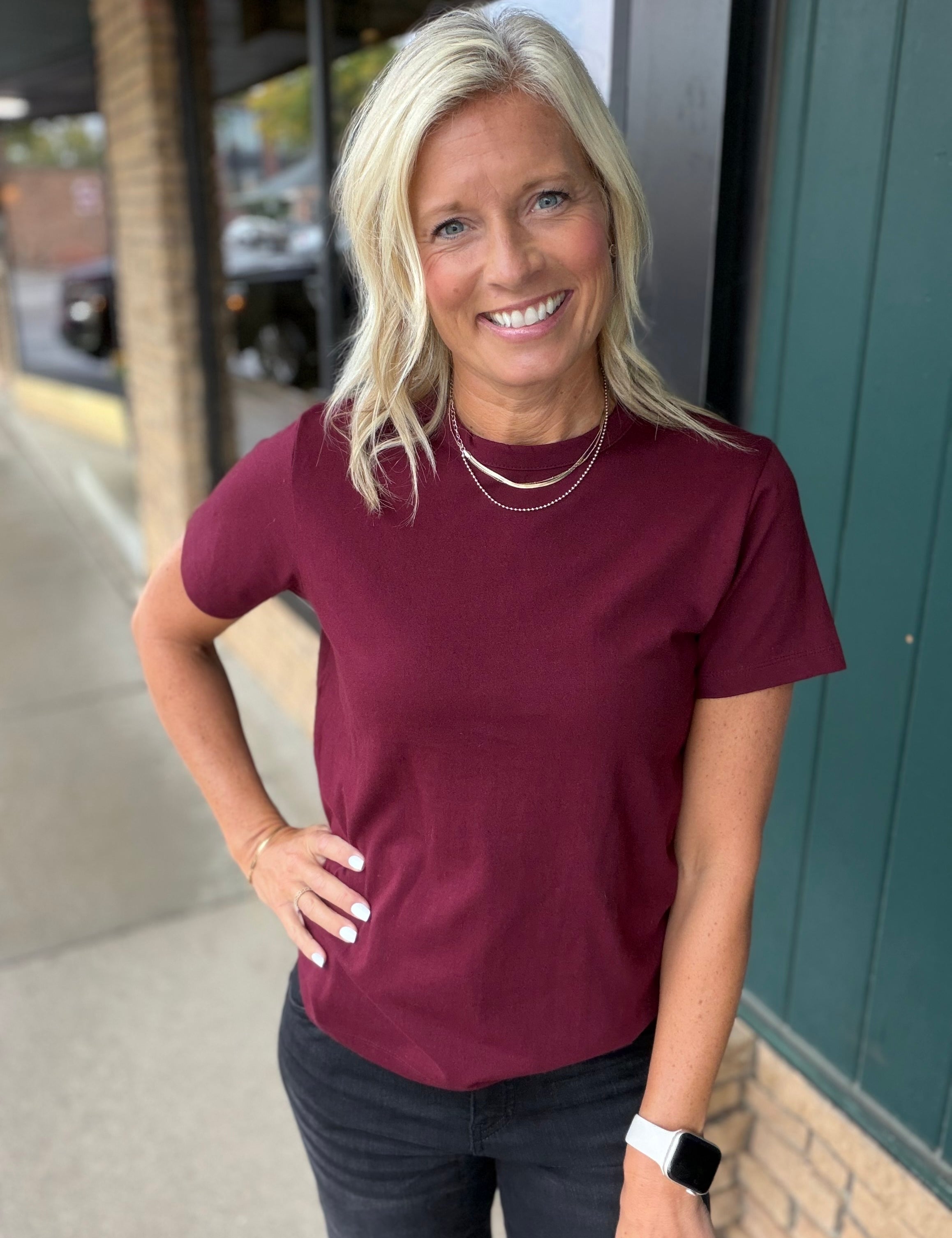 Deep Wine Regina Cotton Crew Neck Tee Top - Tee RD Style