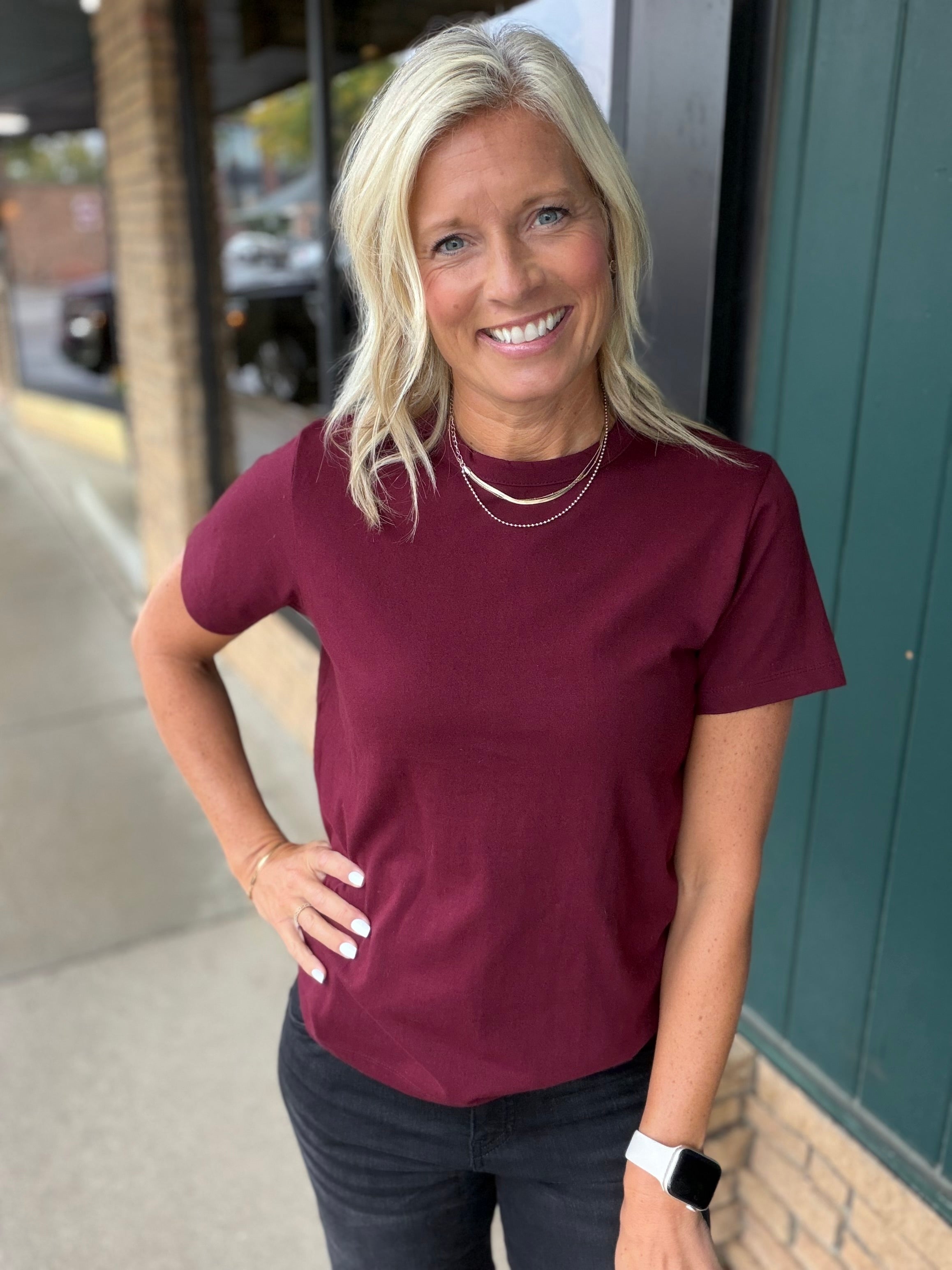Deep Wine Regina Cotton Crew Neck Tee Top - Tee RD Style
