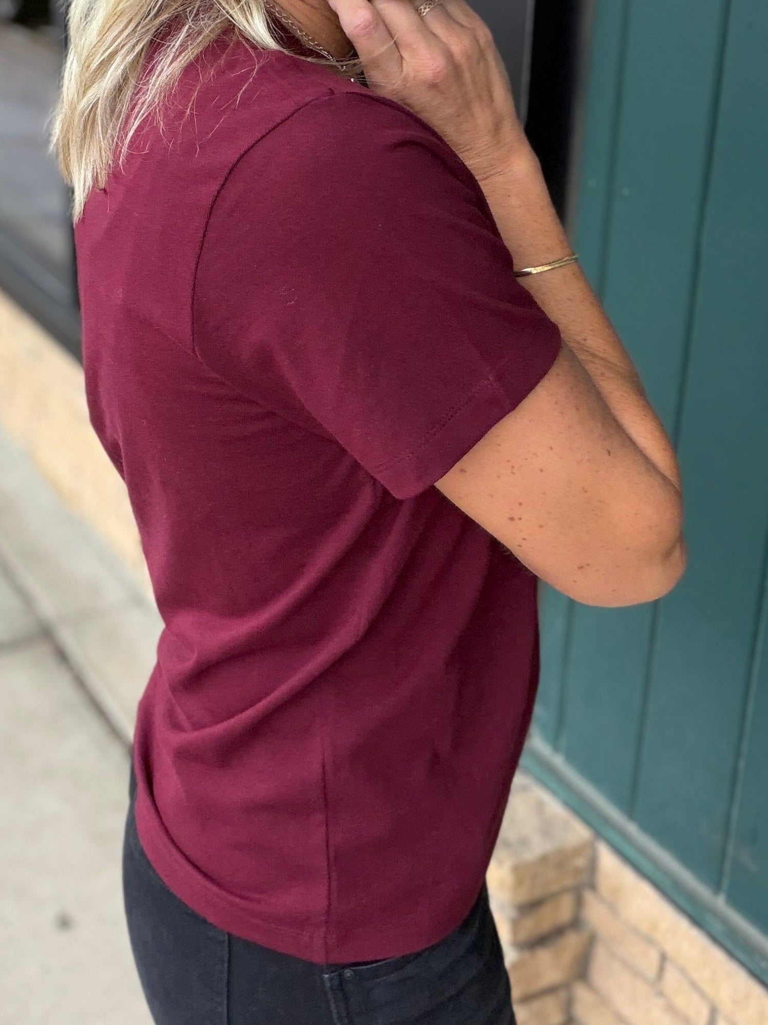 Deep Wine Regina Cotton Crew Neck Tee Top - Tee RD Style