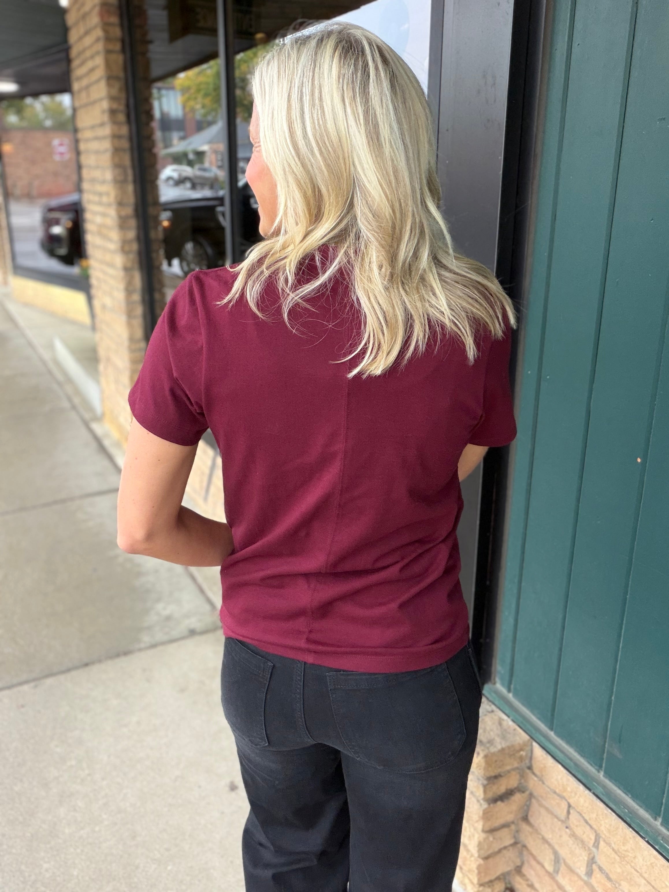 Deep Wine Regina Cotton Crew Neck Tee Top - Tee RD Style